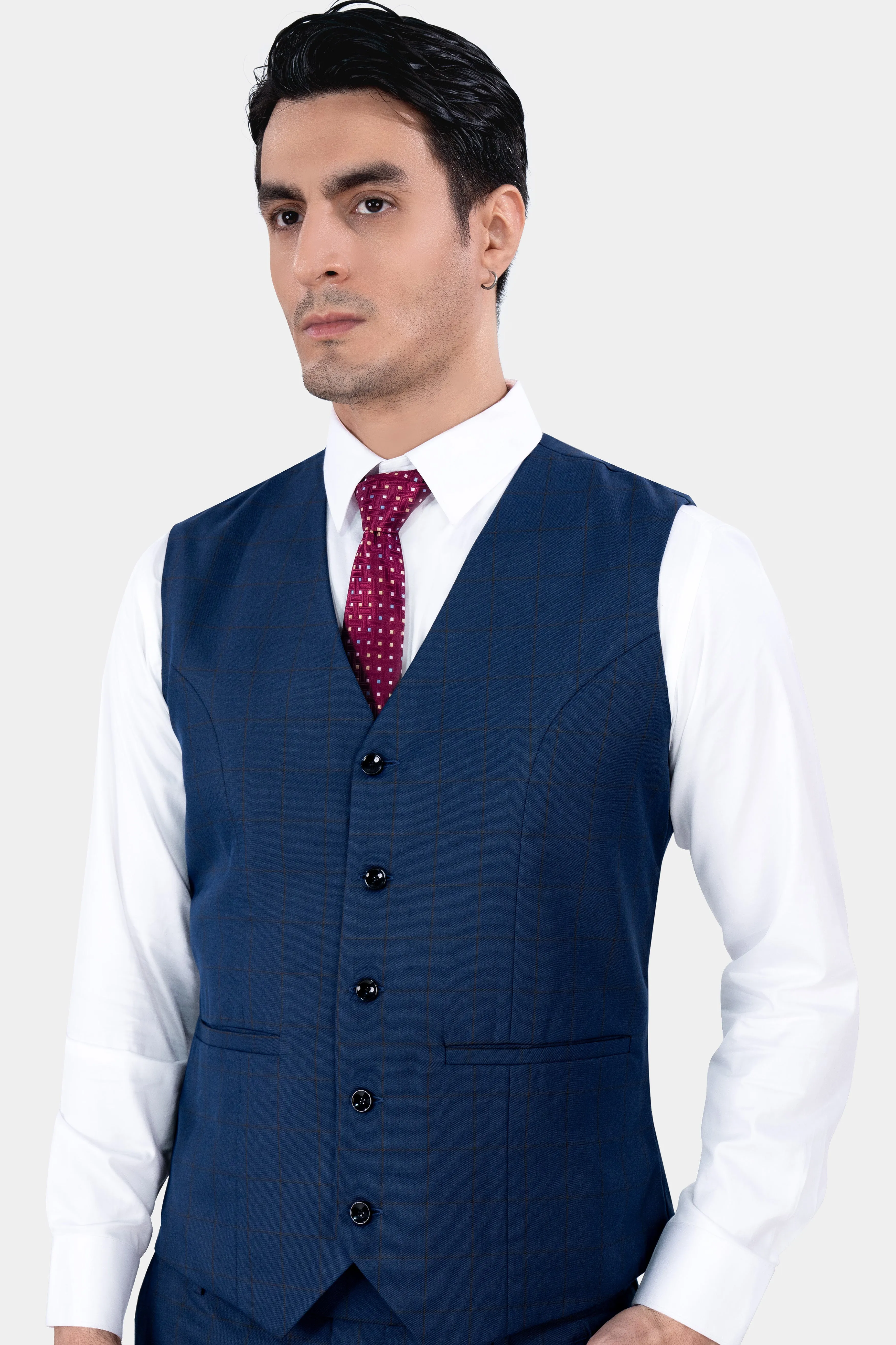 Tangaroa Blue and Subtle Black Checkered Wool Rich Waistcoat sold by French Crown product image thumbnail 2