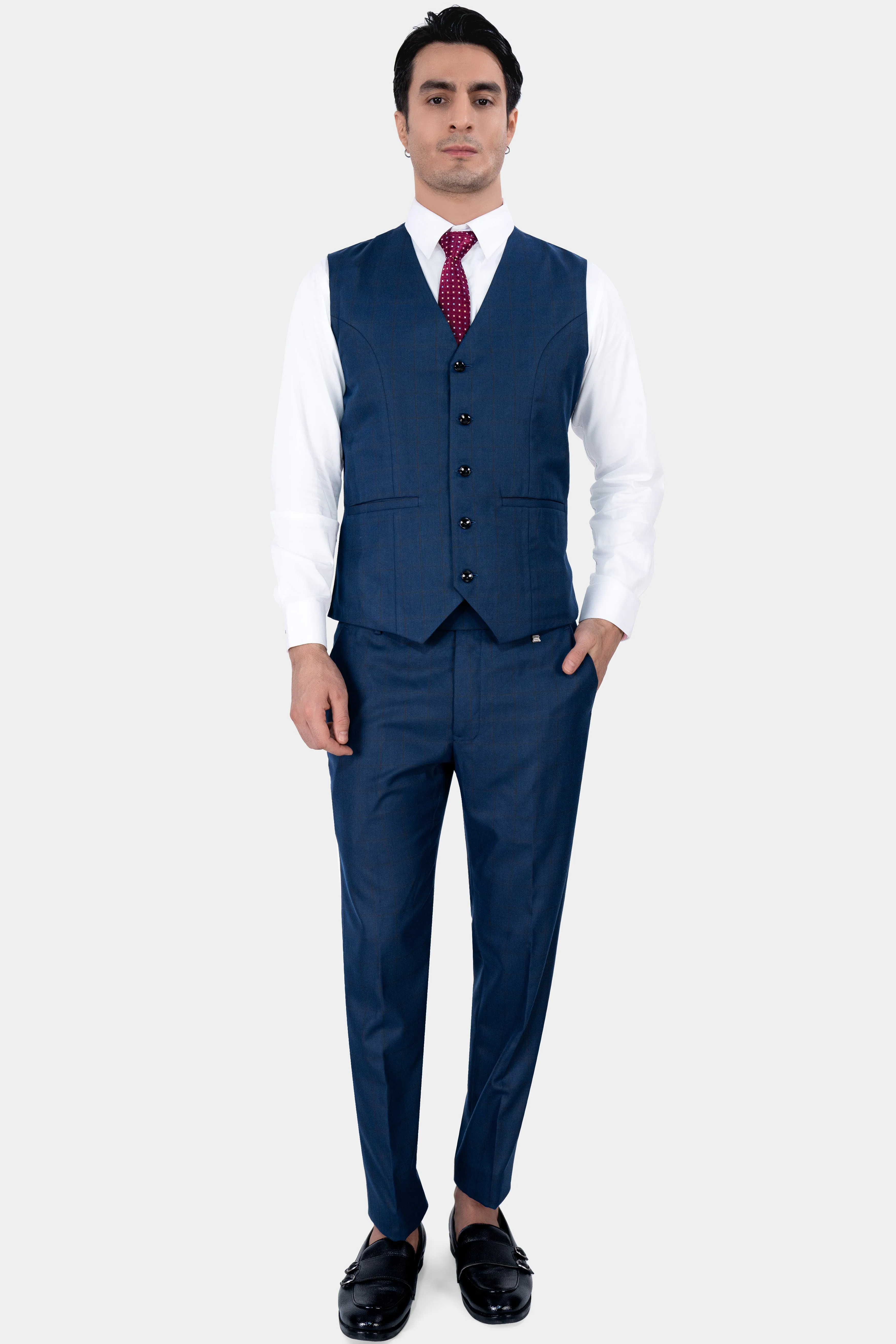 Tangaroa Blue and Subtle Black Checkered Wool Rich Waistcoat sold by French Crown product image thumbnail 5