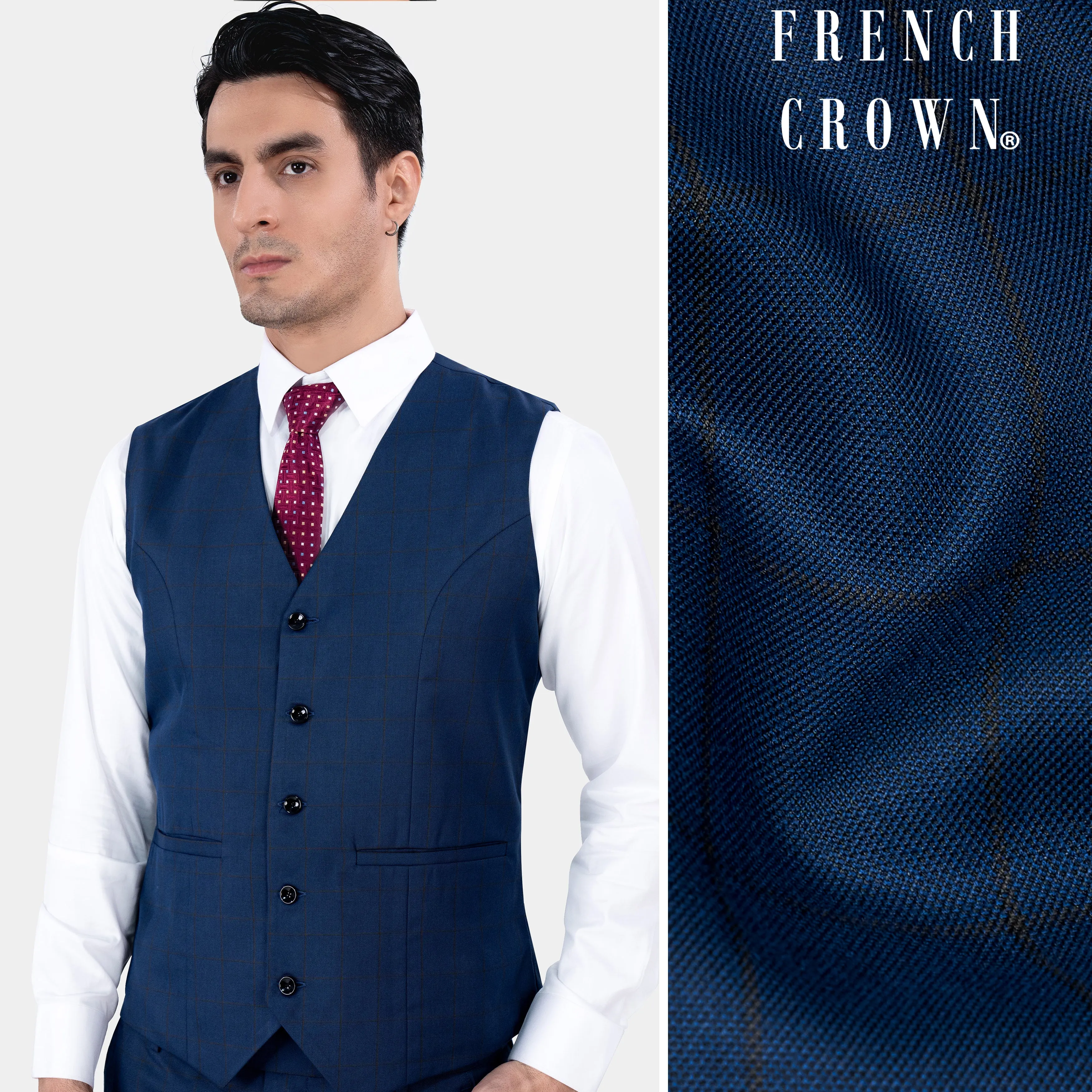 Tangaroa Blue and Subtle Black Checkered Wool Rich Waistcoat sold by French Crown