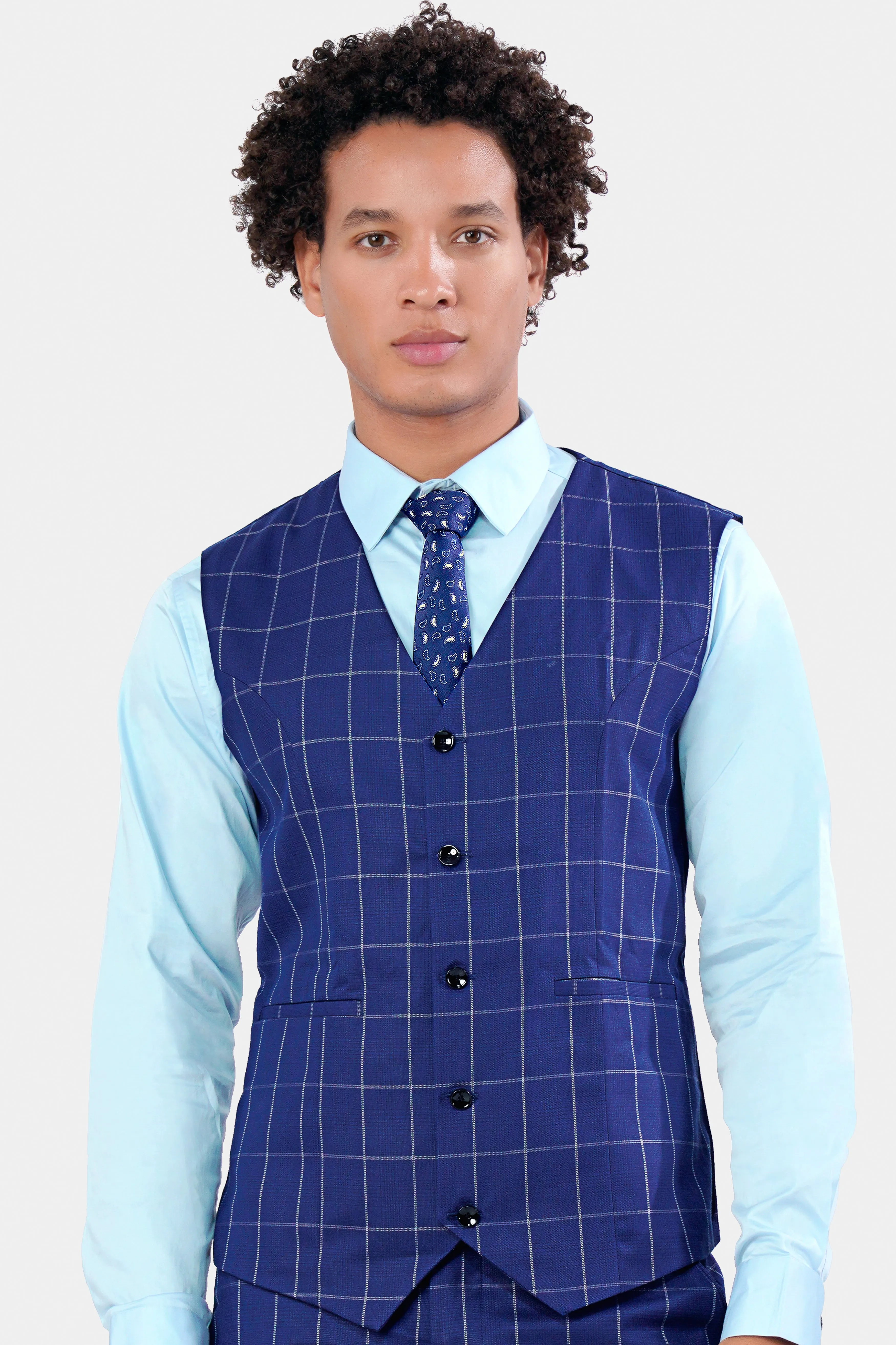 Lapis Blue Windowpane Wool Rich Waistcoat sold by French Crown product image thumbnail 2