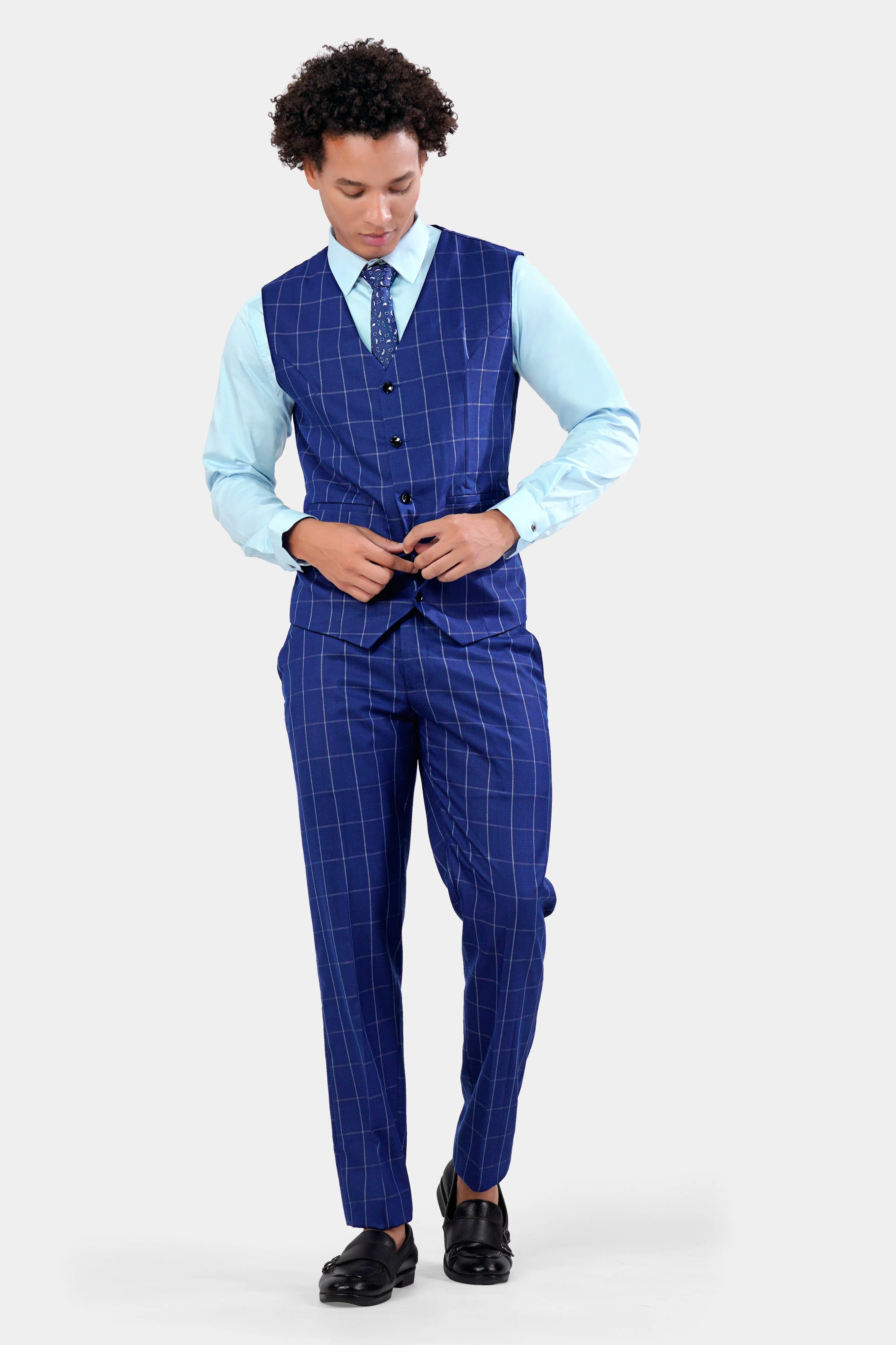 Lapis Blue Windowpane Wool Rich Waistcoat sold by French Crown product image thumbnail 5