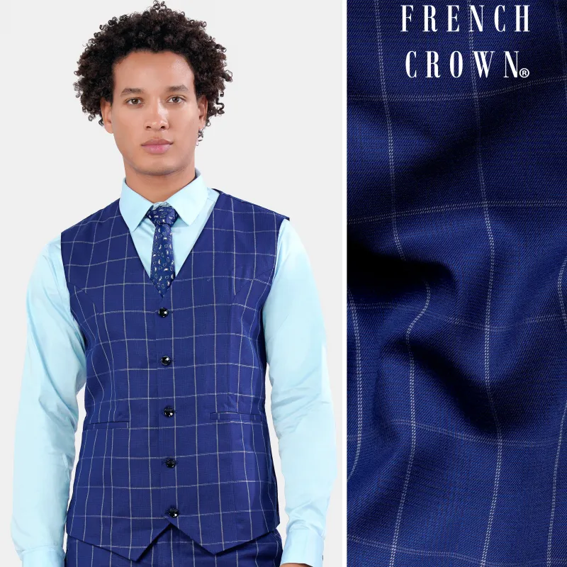 Lapis Blue Windowpane Wool Rich Waistcoat made by French Crown