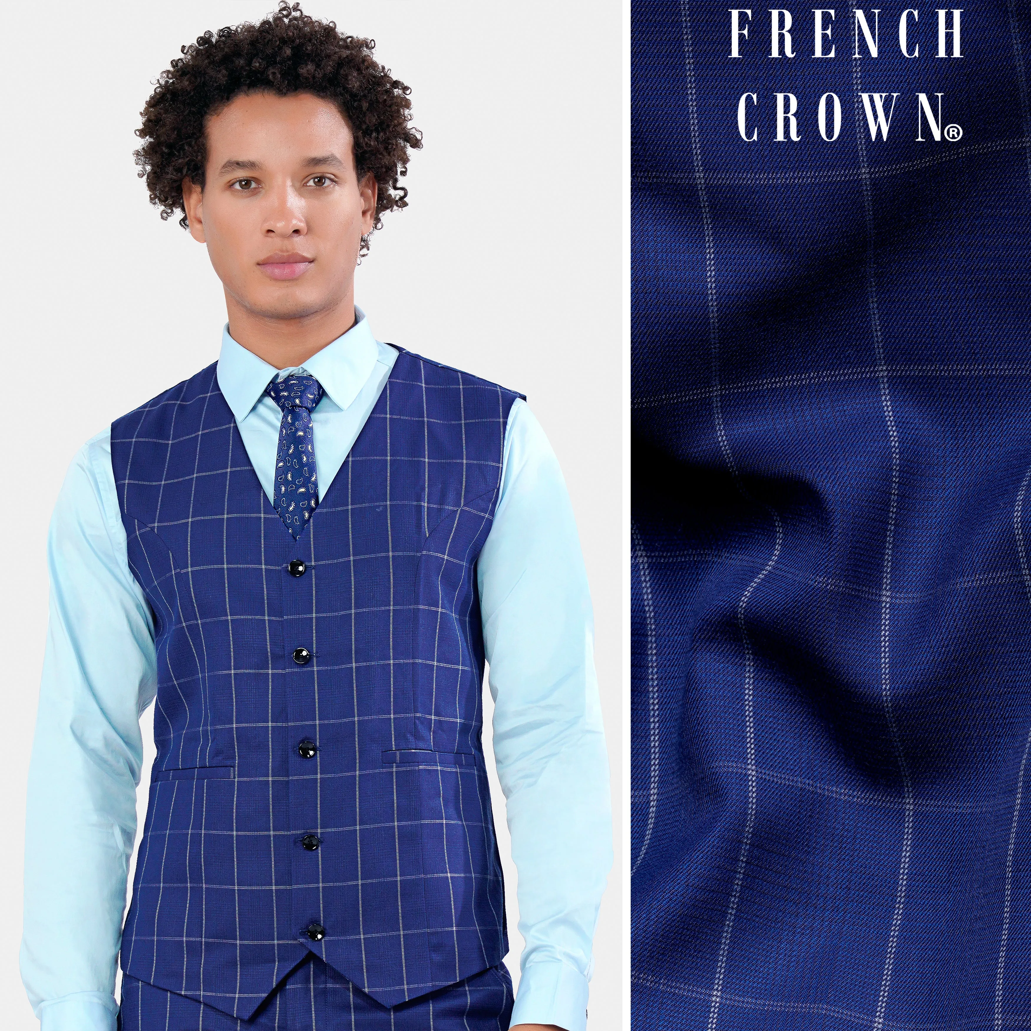 Lapis Blue Windowpane Wool Rich Waistcoat sold by French Crown