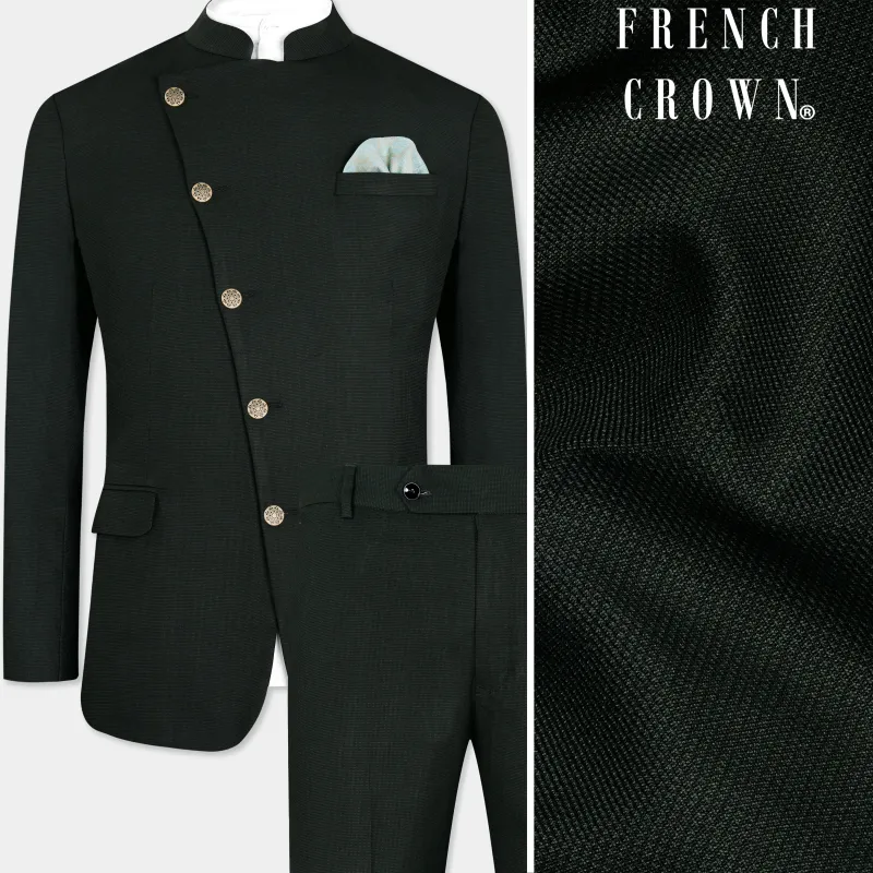 Kaitoke Green Wool Rich Cross Placket Bandhgala Suit sold by French Crown