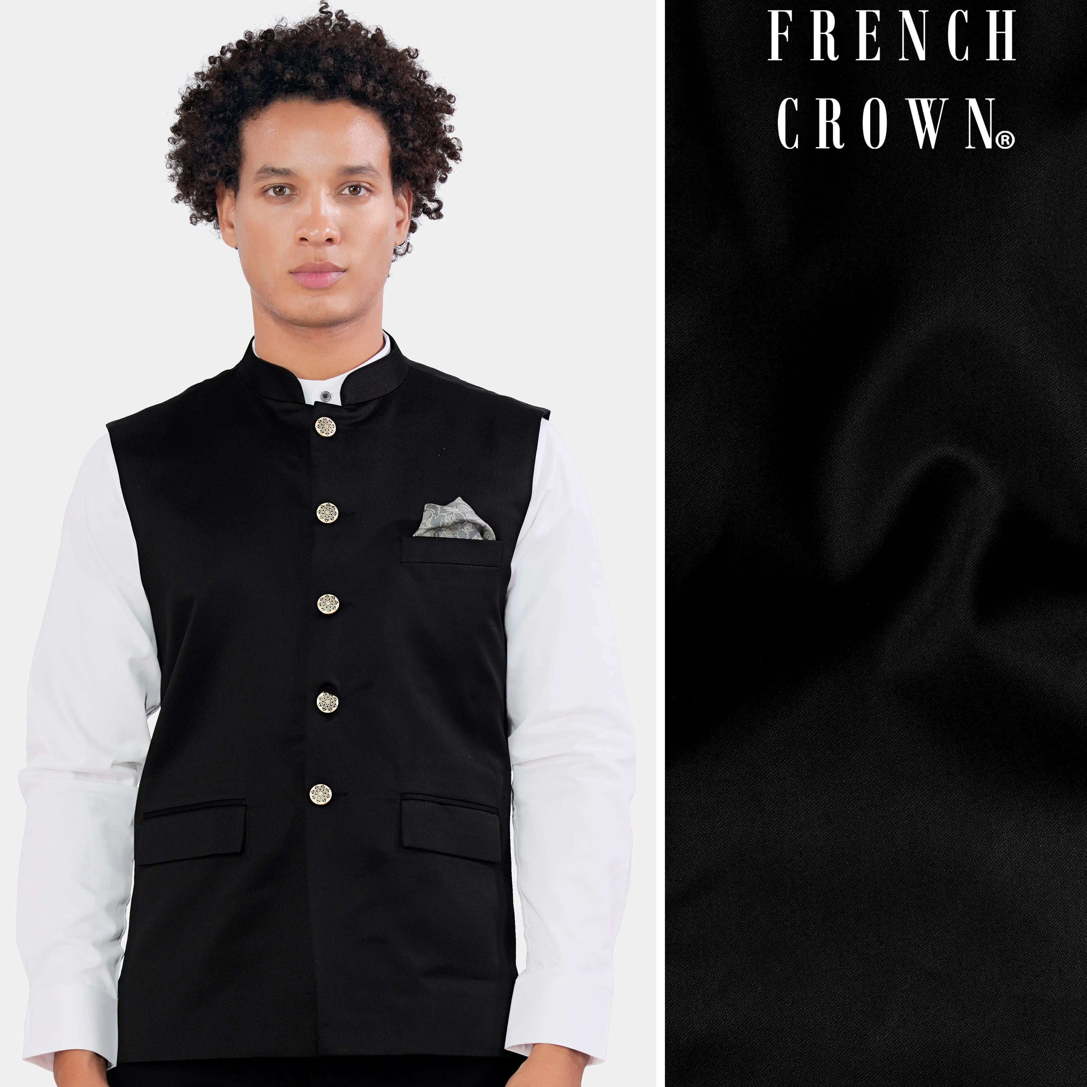 Jade Black Wool Rich Nehru Jacket sold by French Crown