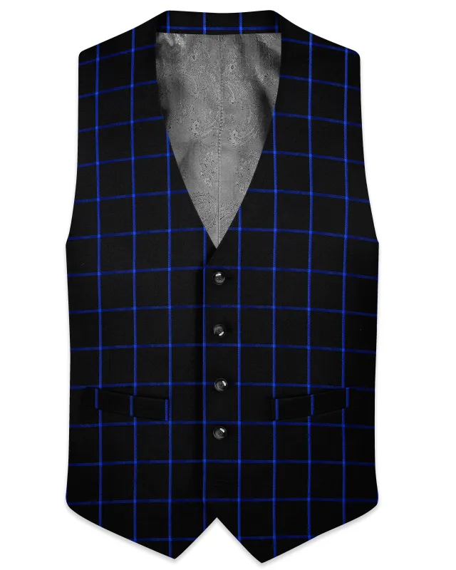 Jade Black With Cerulean Blue Windowpane Wool Rich Waistcoat sold by French Crown