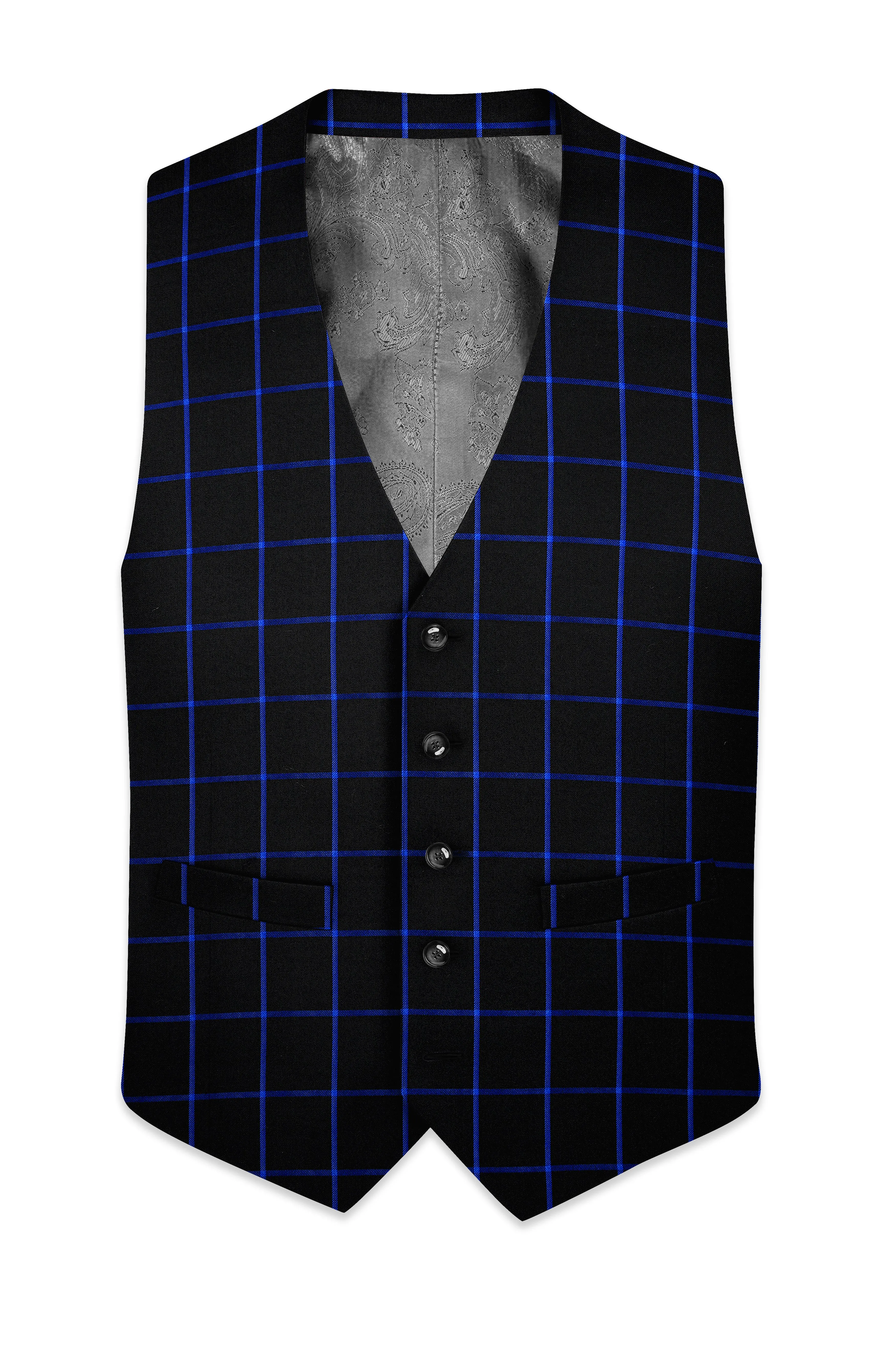 Jade Black With Cerulean Blue Windowpane Wool Rich Waistcoat sold by French Crown product image thumbnail 2