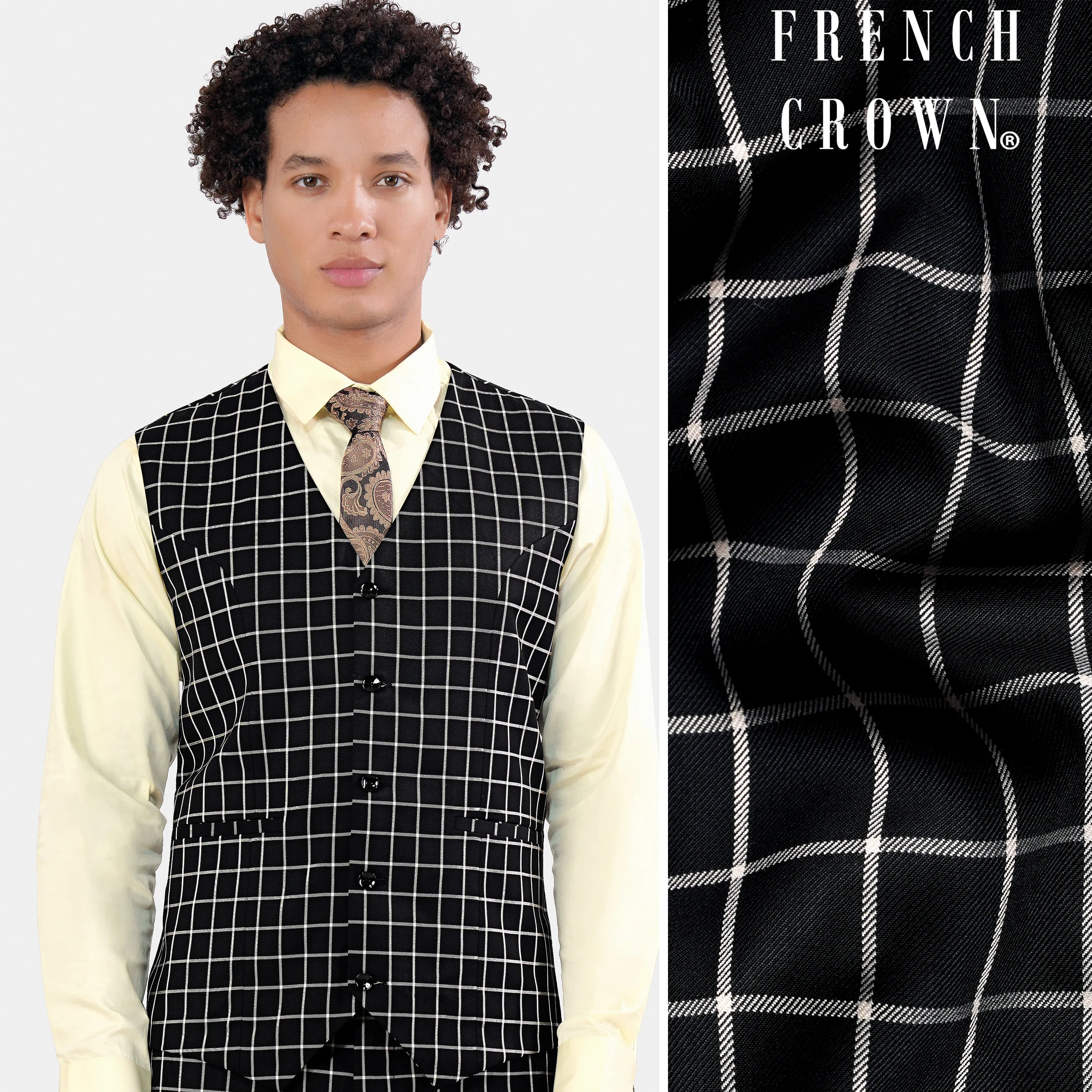 Jade Black and White Checkered Wool Rich Waistcoat sold by French Crown