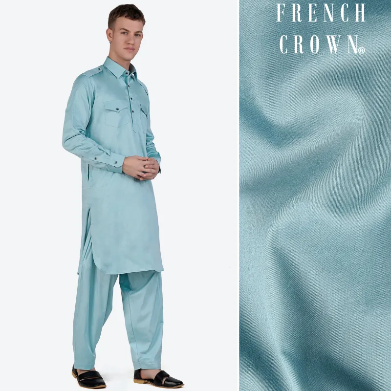 Glacier Blue Subtle Sheen Super Soft Premium Cotton Pathani Set sold by French Crown