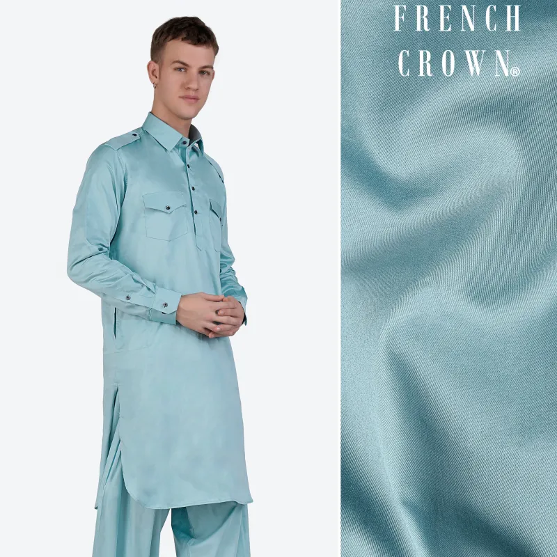 Glacier Blue Subtle Sheen Super Soft Premium Cotton Pathani Kurta sold by French Crown