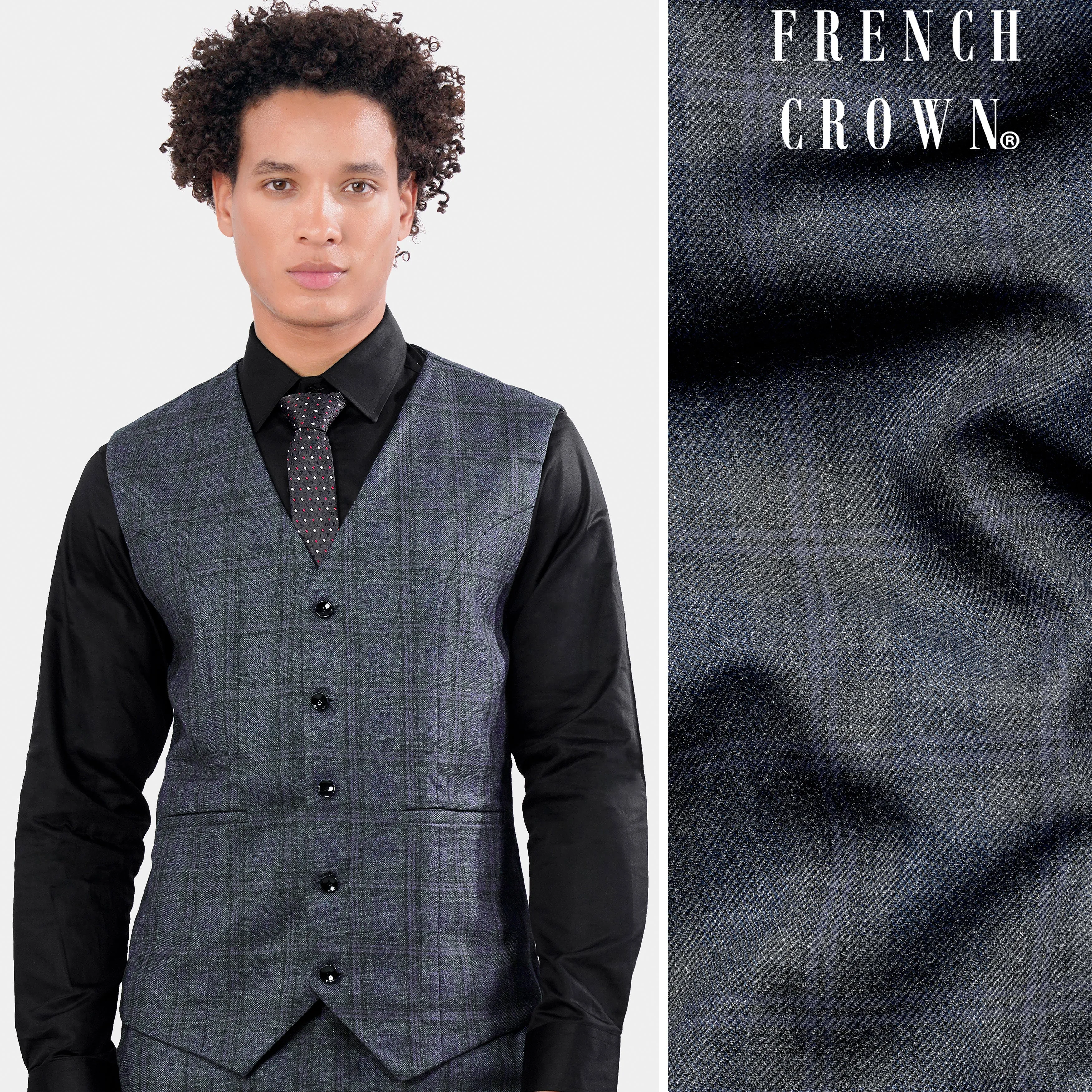 Ebony Clay Blue and Gravel Gray Plaid Waistcoat sold by French Crown