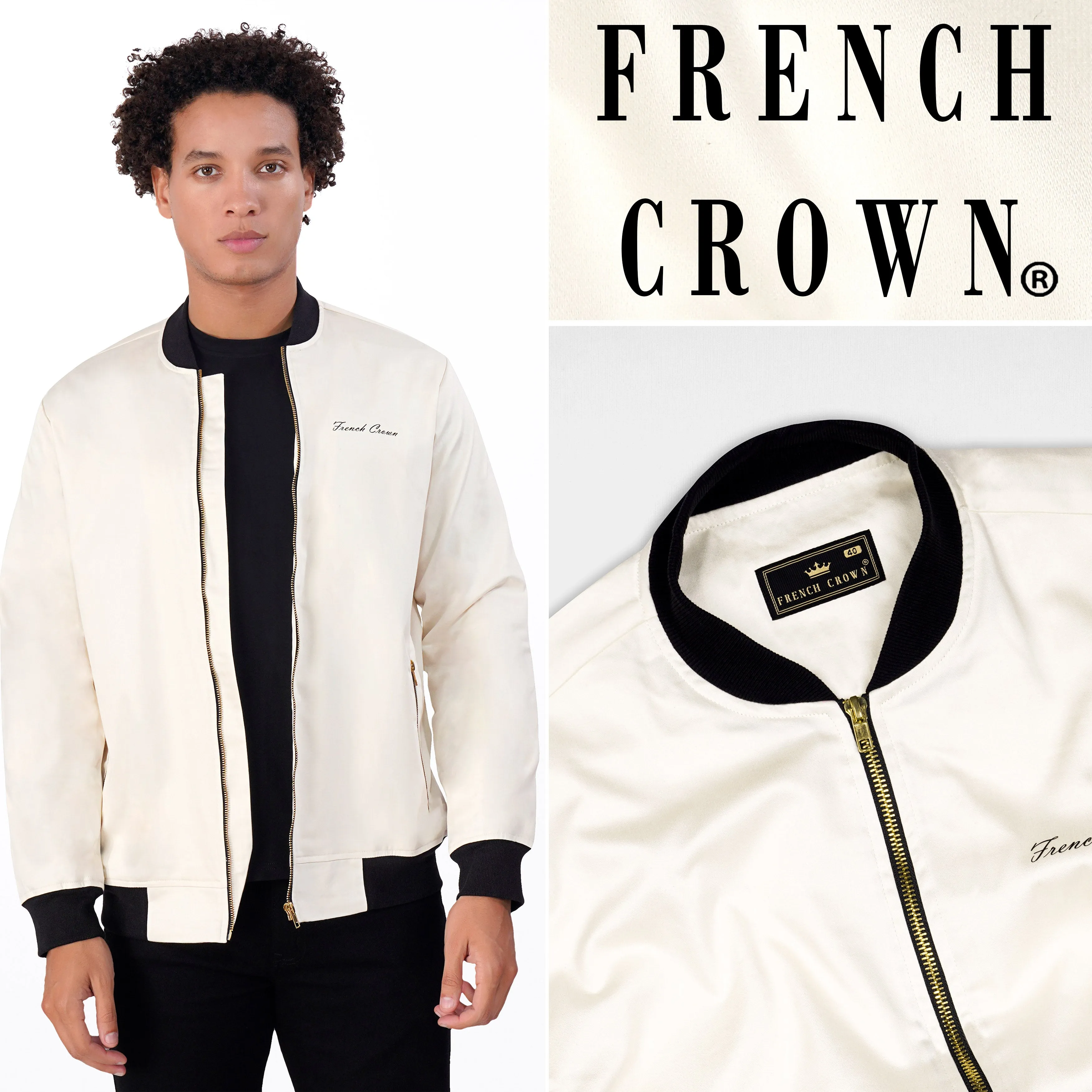 Albescent Cream Premium Cotton Bomber Jacket sold by French Crown