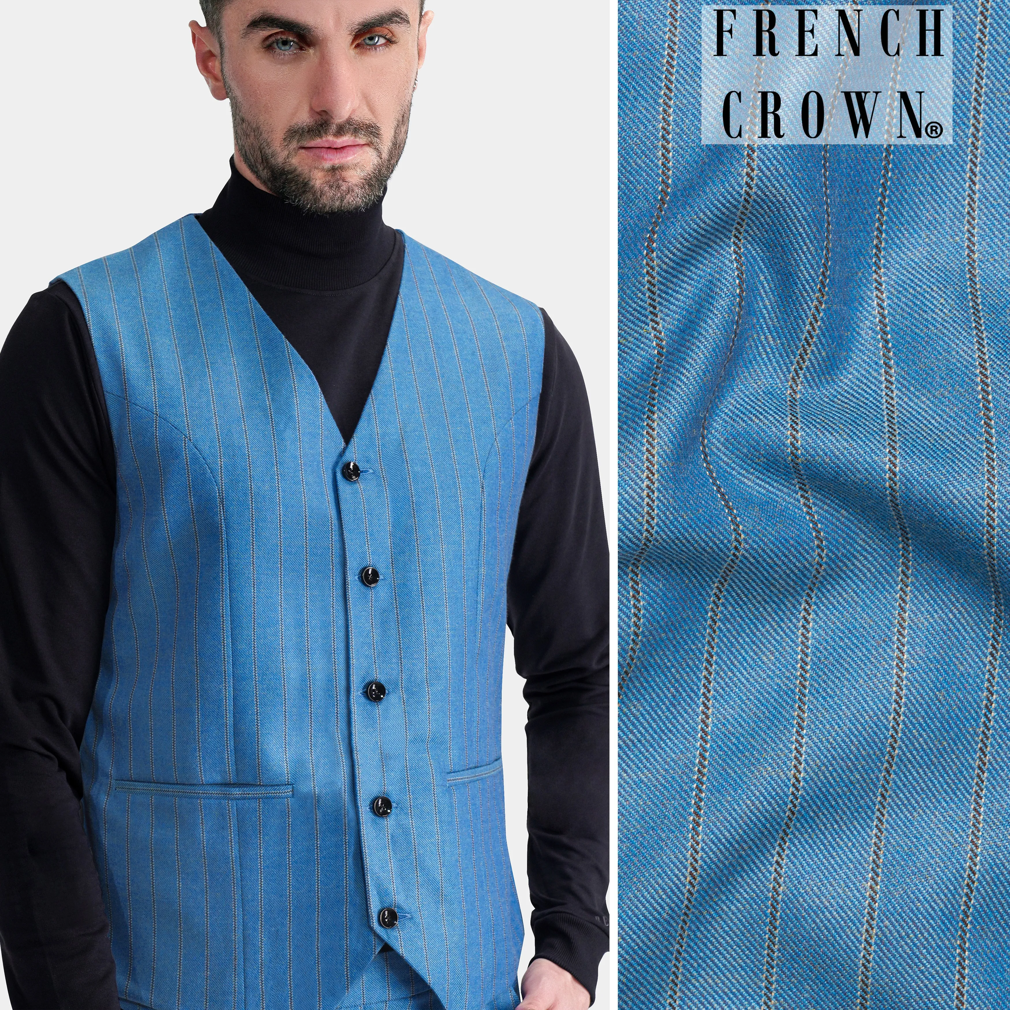 Wedgewood Blue Subtle Striped Tweed Waistcoat sold by French Crown