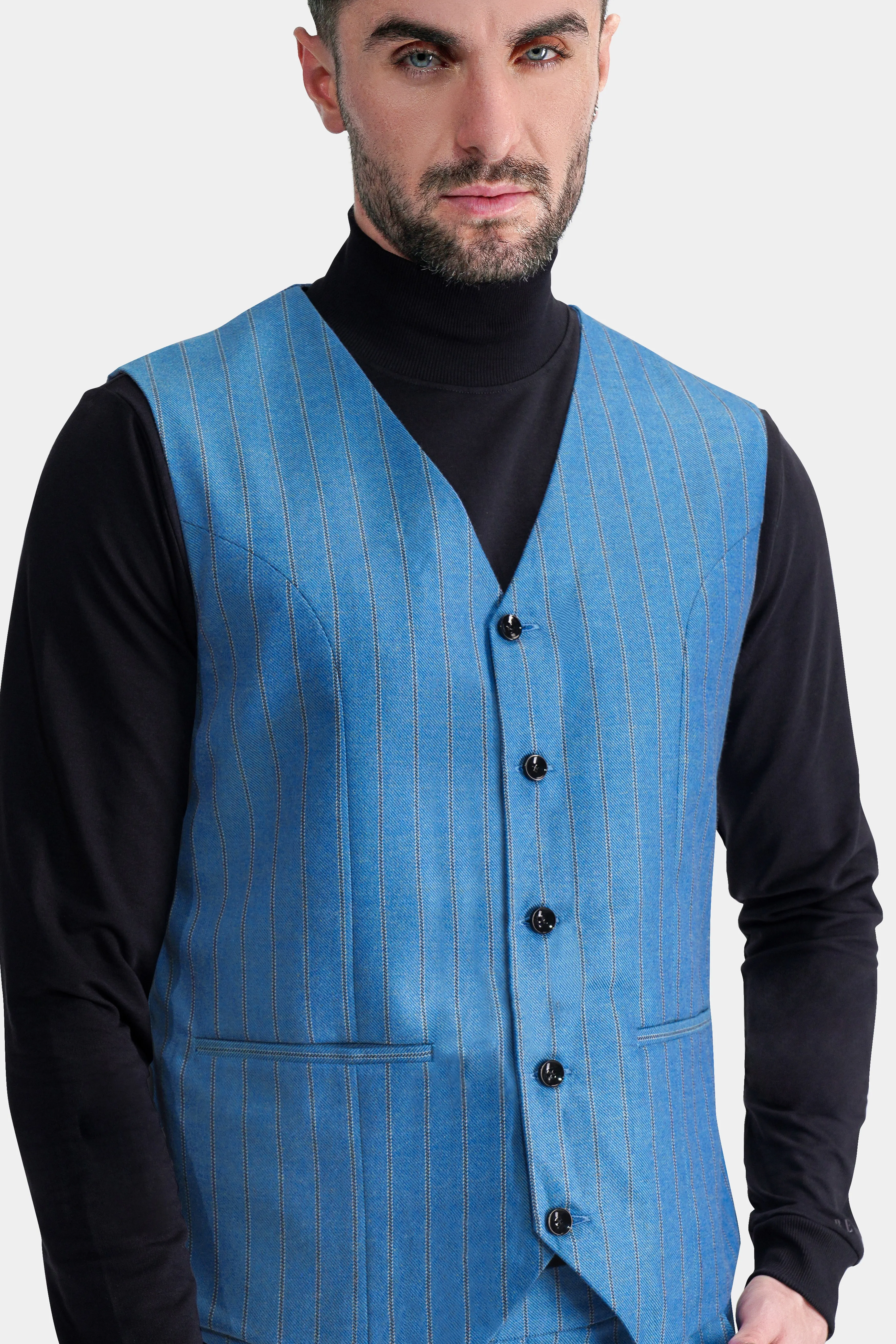 Wedgewood Blue Subtle Striped Tweed Waistcoat sold by French Crown product image thumbnail 2