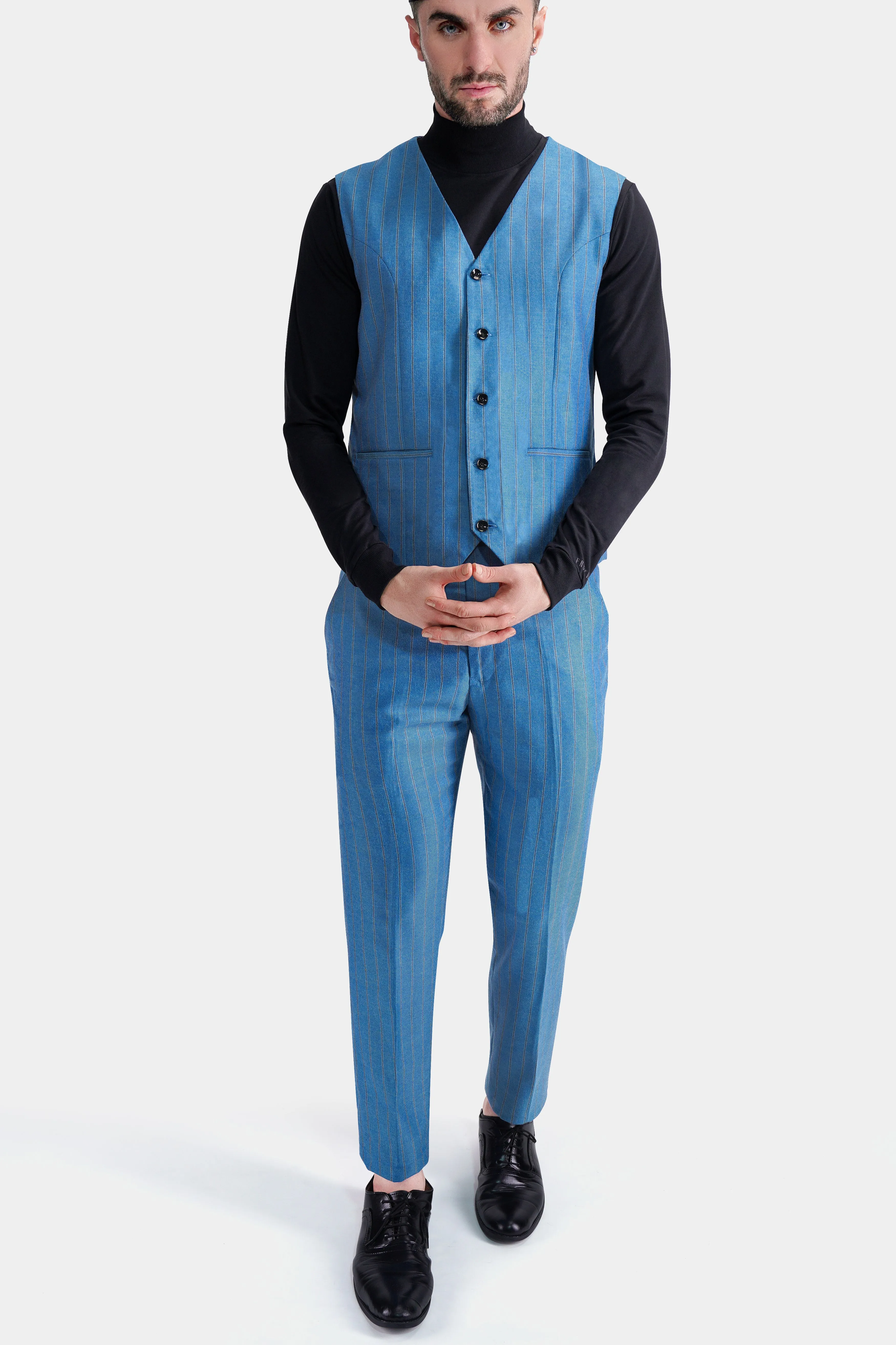 Wedgewood Blue Subtle Striped Tweed Waistcoat sold by French Crown product image thumbnail 5