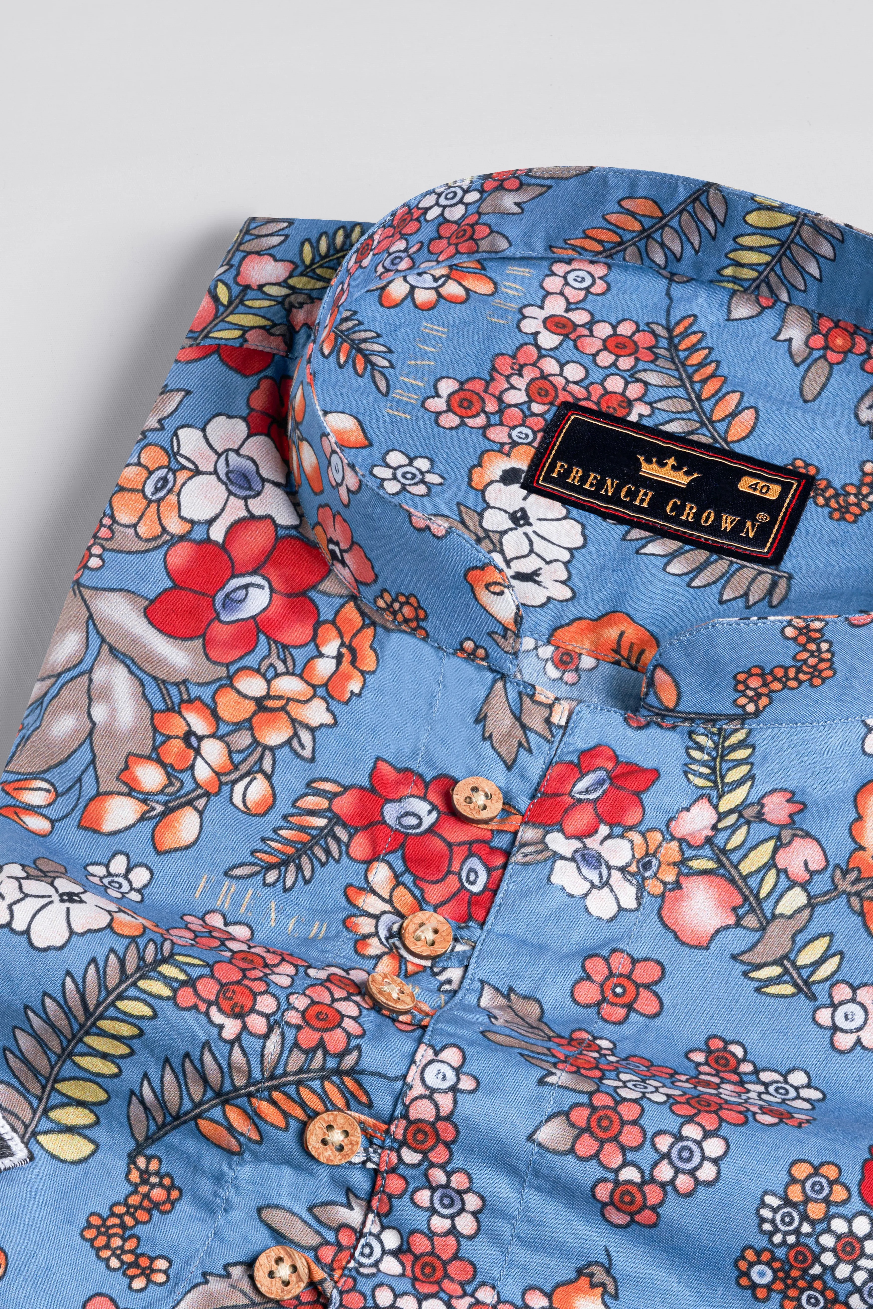 Shakespeare Blue Leaves Printed Patchwork Premium Cotton Designer Kurta Shirt sold by French Crown product image thumbnail 5