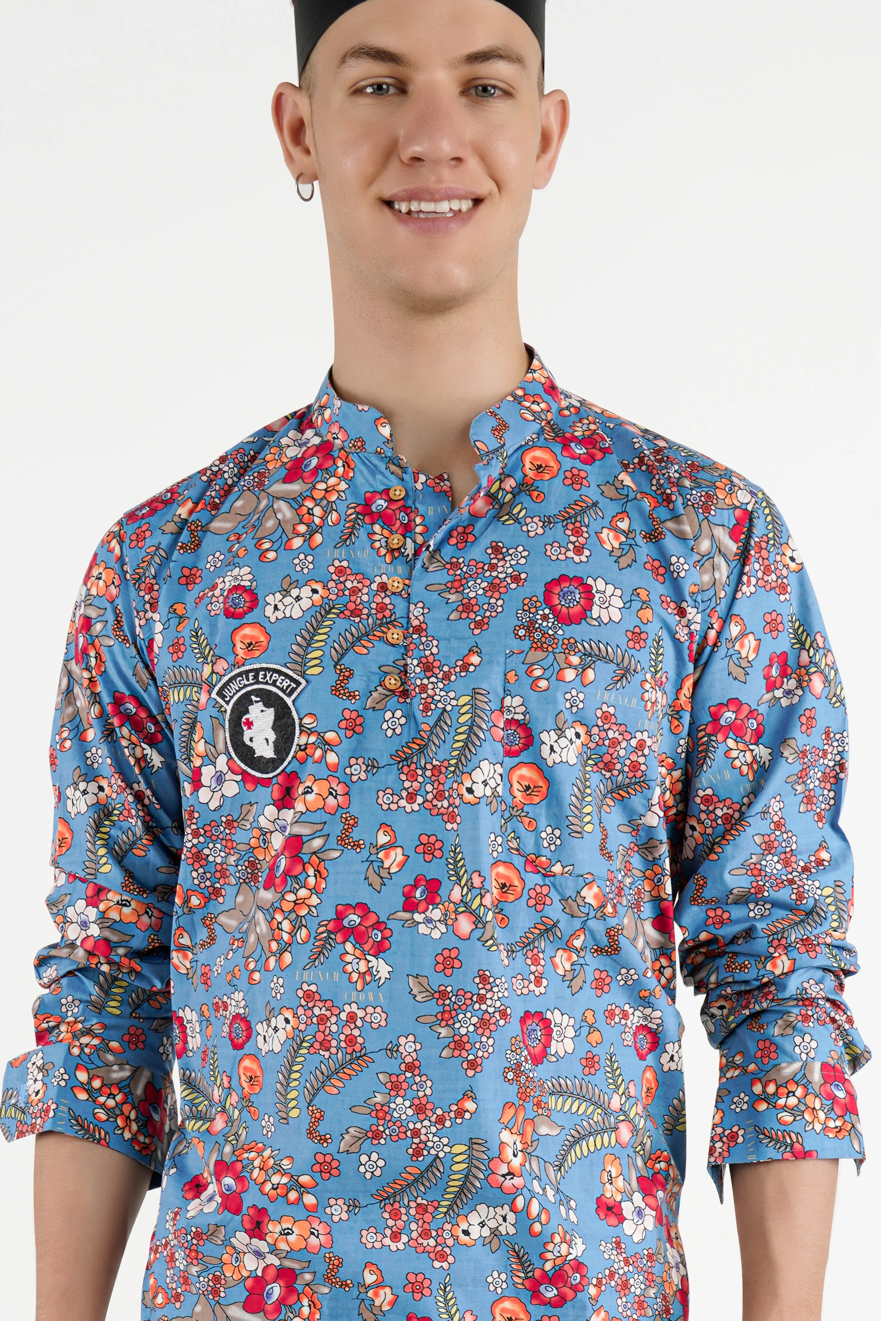 Shakespeare Blue Leaves Printed Patchwork Premium Cotton Designer Kurta Shirt sold by French Crown product image thumbnail 2