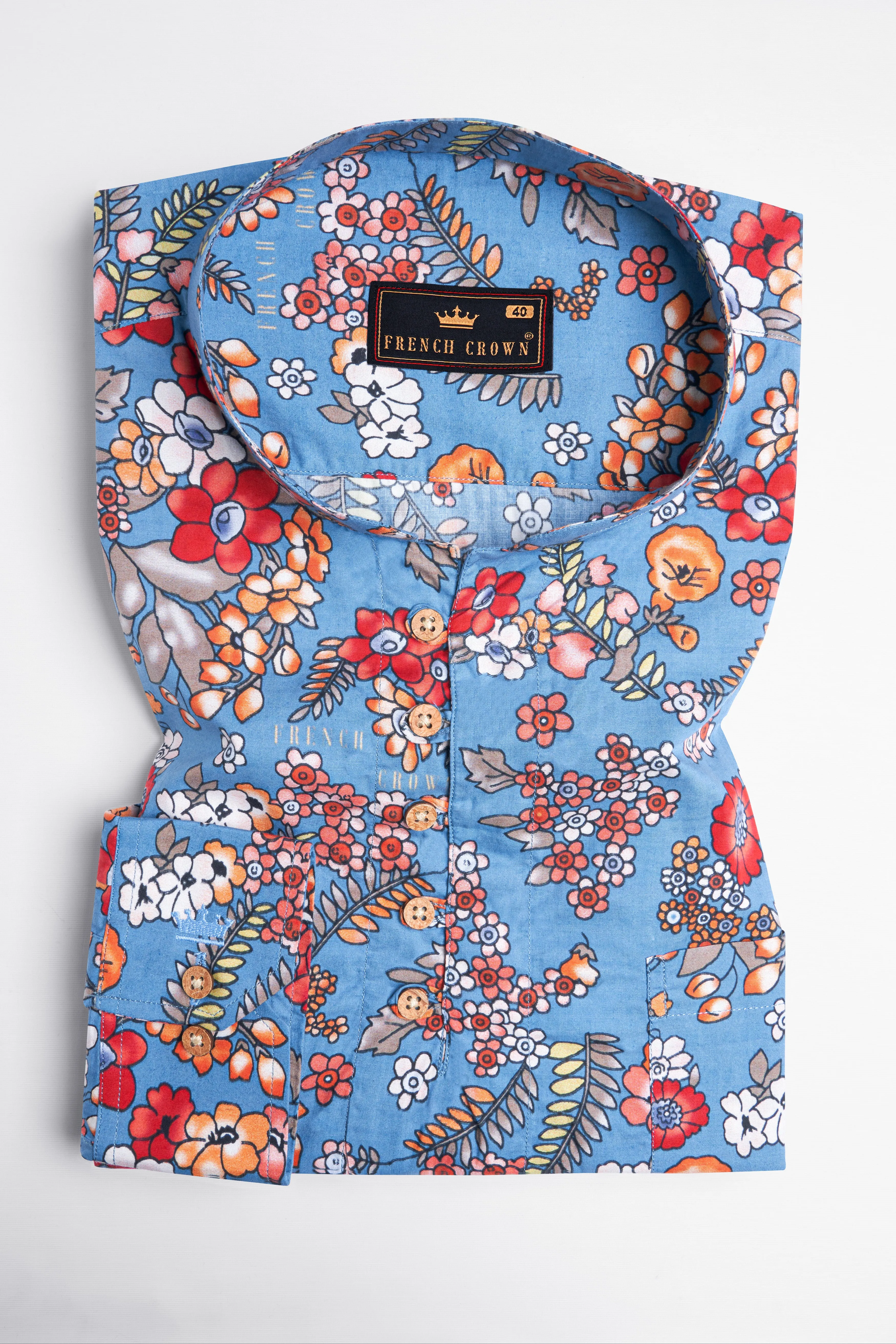 Shakespeare Blue Leaves Printed Patchwork Premium Cotton Designer Kurta Shirt sold by French Crown product image thumbnail 4