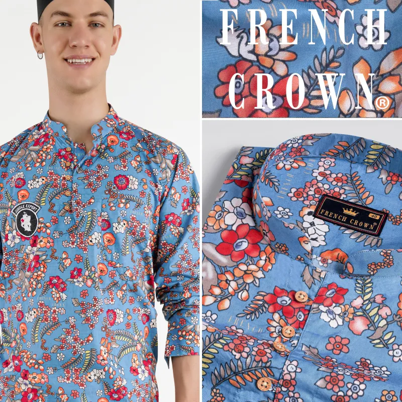 Shakespeare Blue Leaves Printed Patchwork Premium Cotton Designer Kurta Shirt sold by French Crown