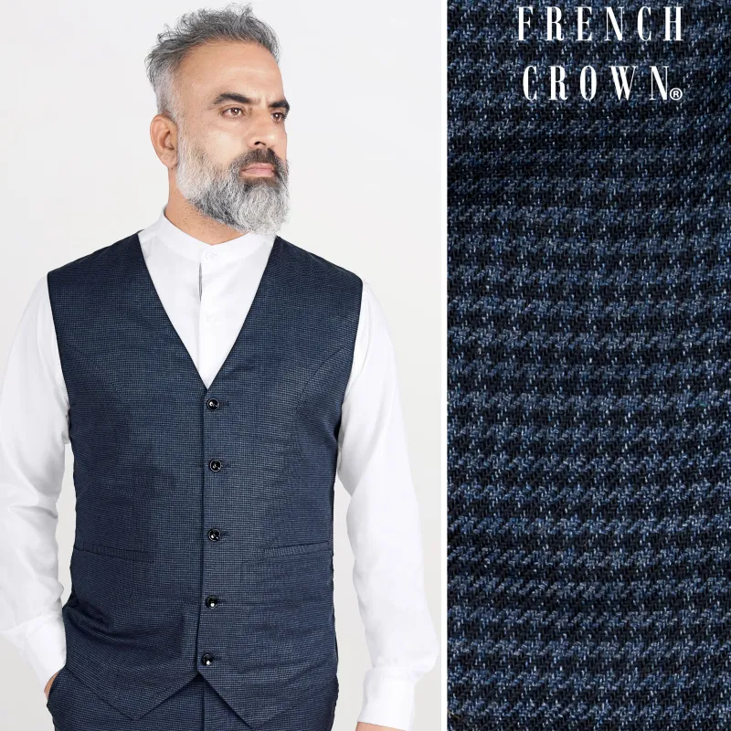 Limed Spruce Blue Wool Rich Waistcoat With Houndstooth Pattern sold by French Crown