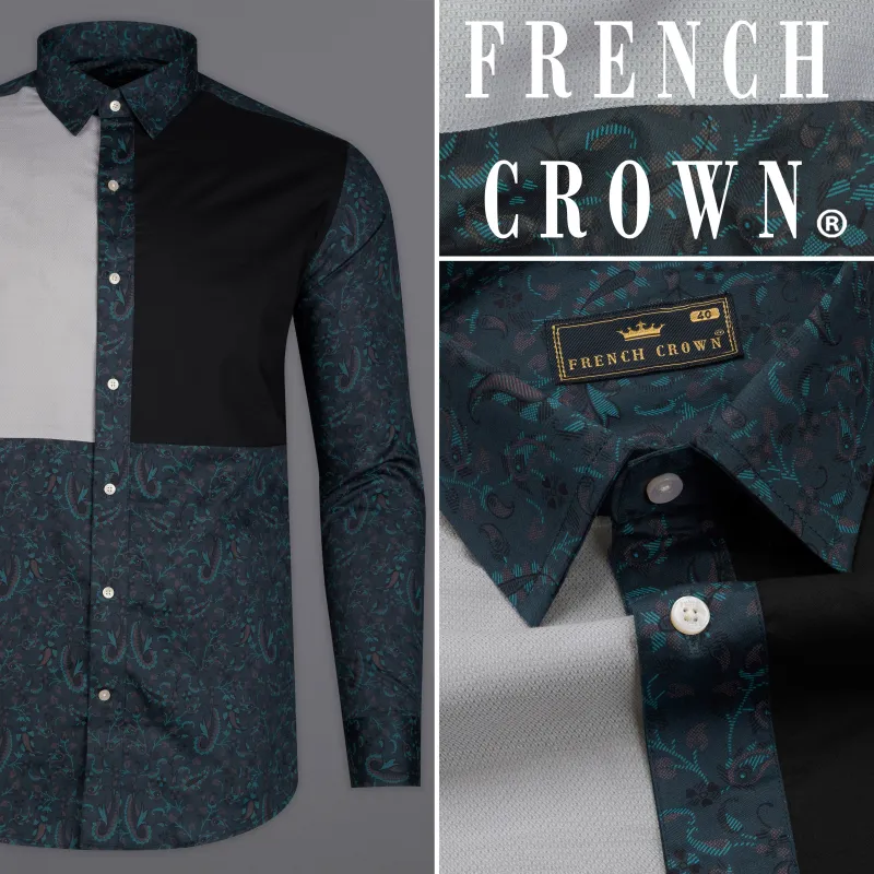 Charade Green Paisley Printed with Nobel Gray and Black Patchwork Super Soft Premium Cotton Designer Shirt sold by French Crown