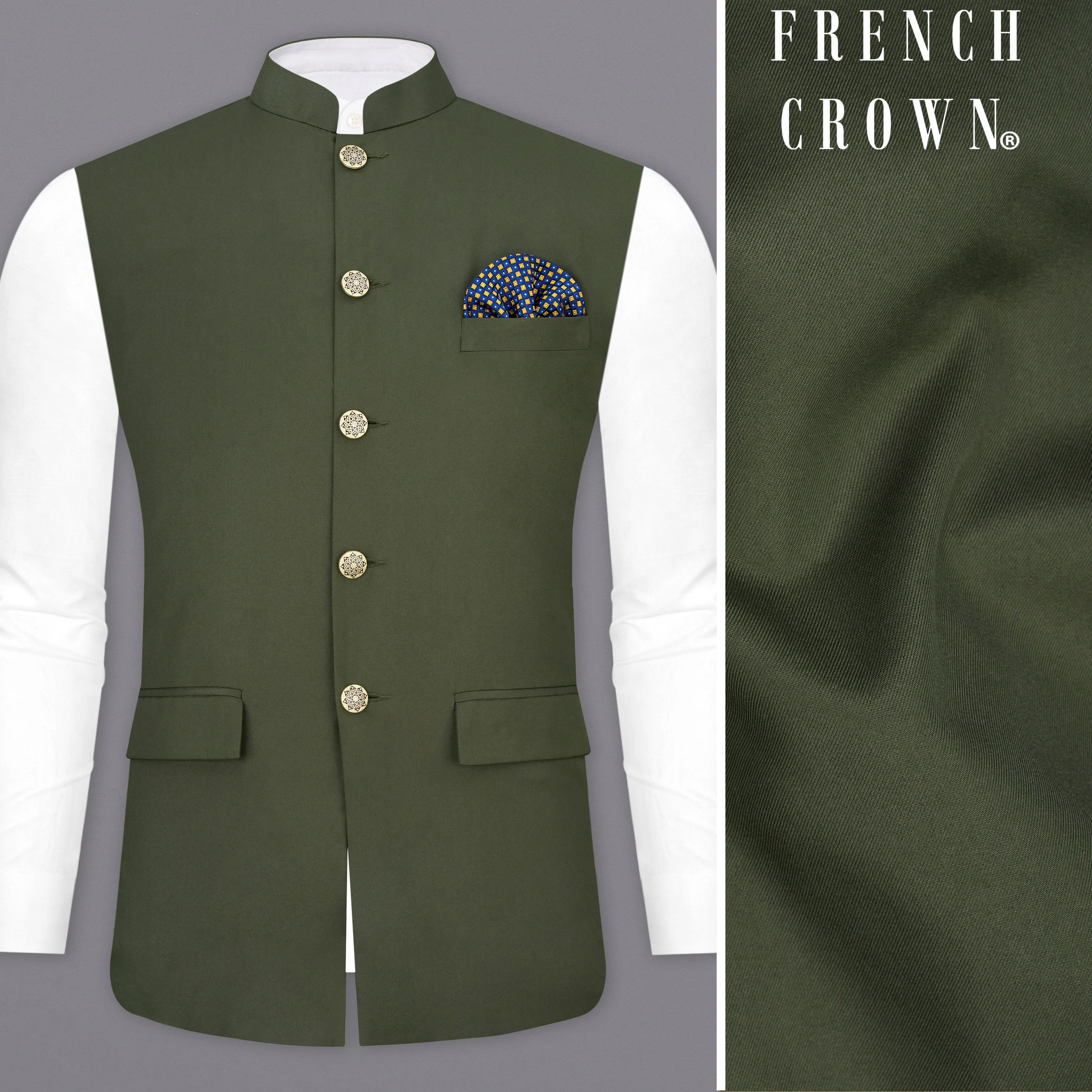 Twill Green Textured Nehru Jacket sold by French Crown