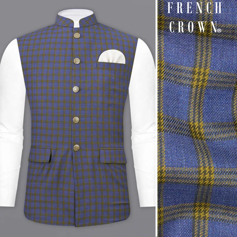 Twilight Blue with Alpine Brown Plaid Nehru Jacket sold by French Crown