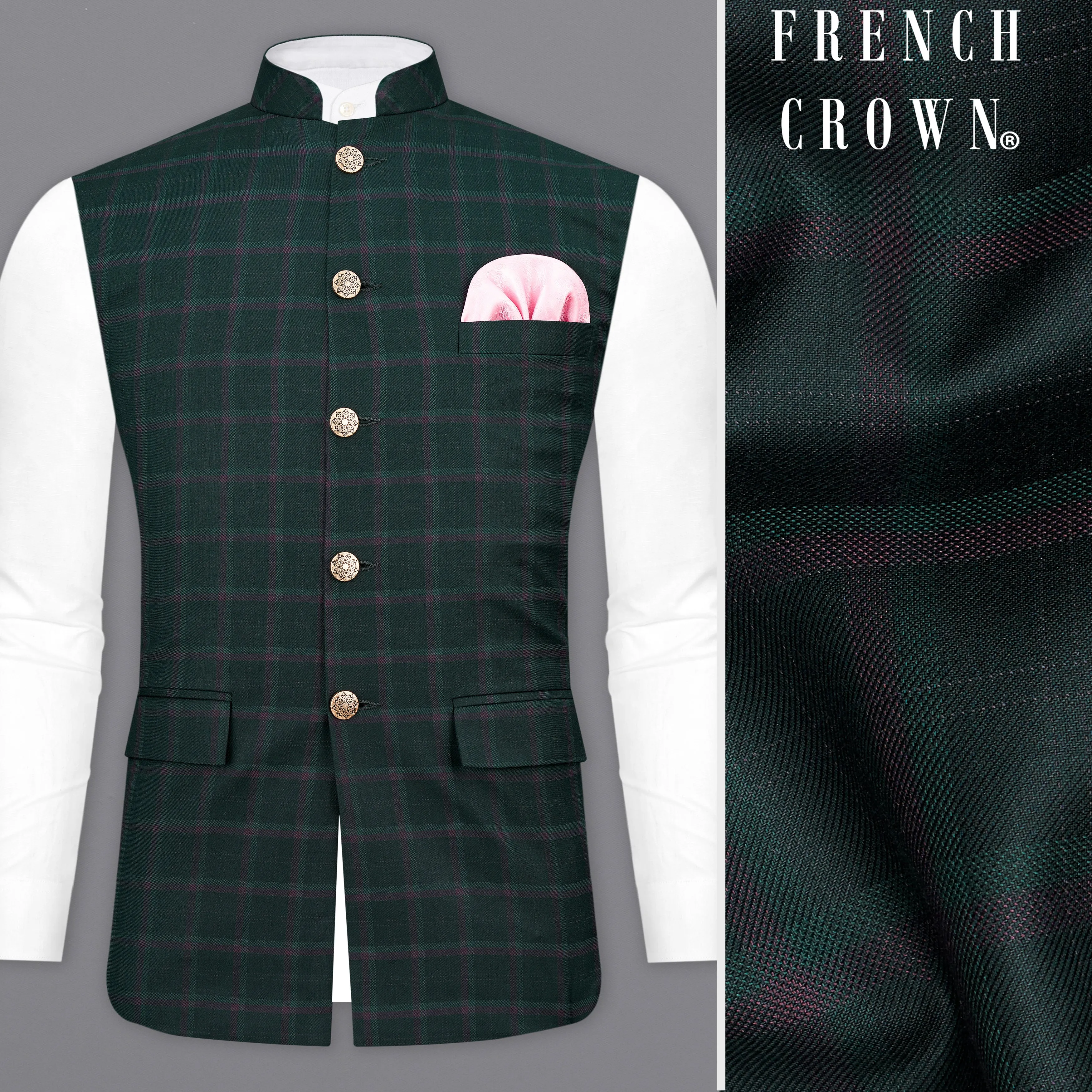 Timber Green Plaid Nehru Jacket sold by French Crown