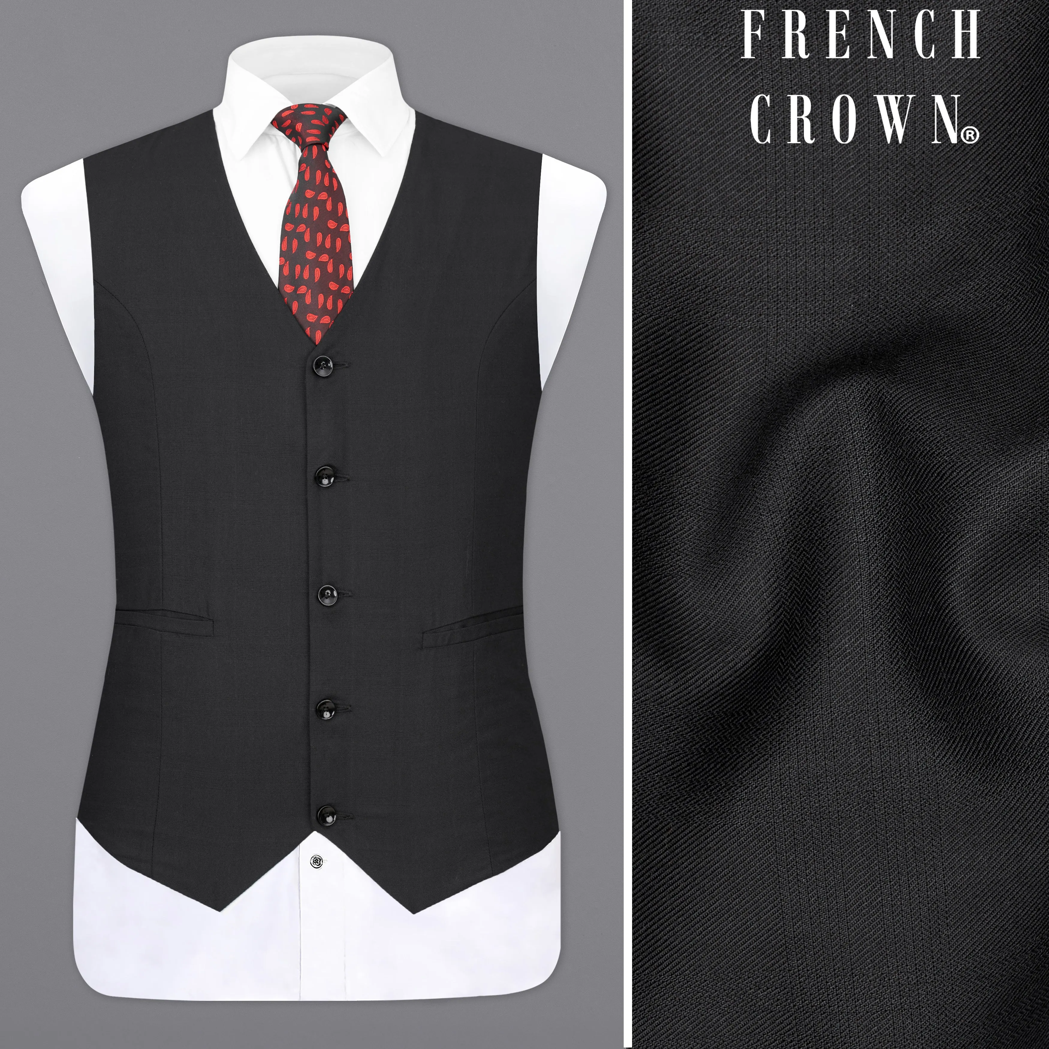 Shark Black Textured Waistcoat sold by French Crown