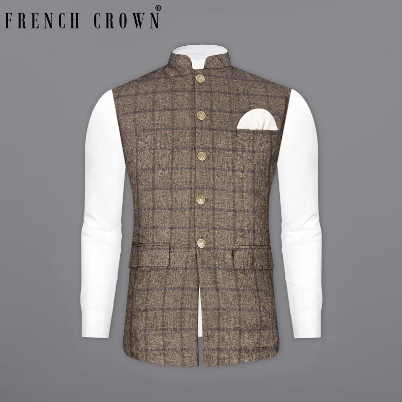 Pine Cone Brown Plaid Nehru Jacket sold by French Crown
