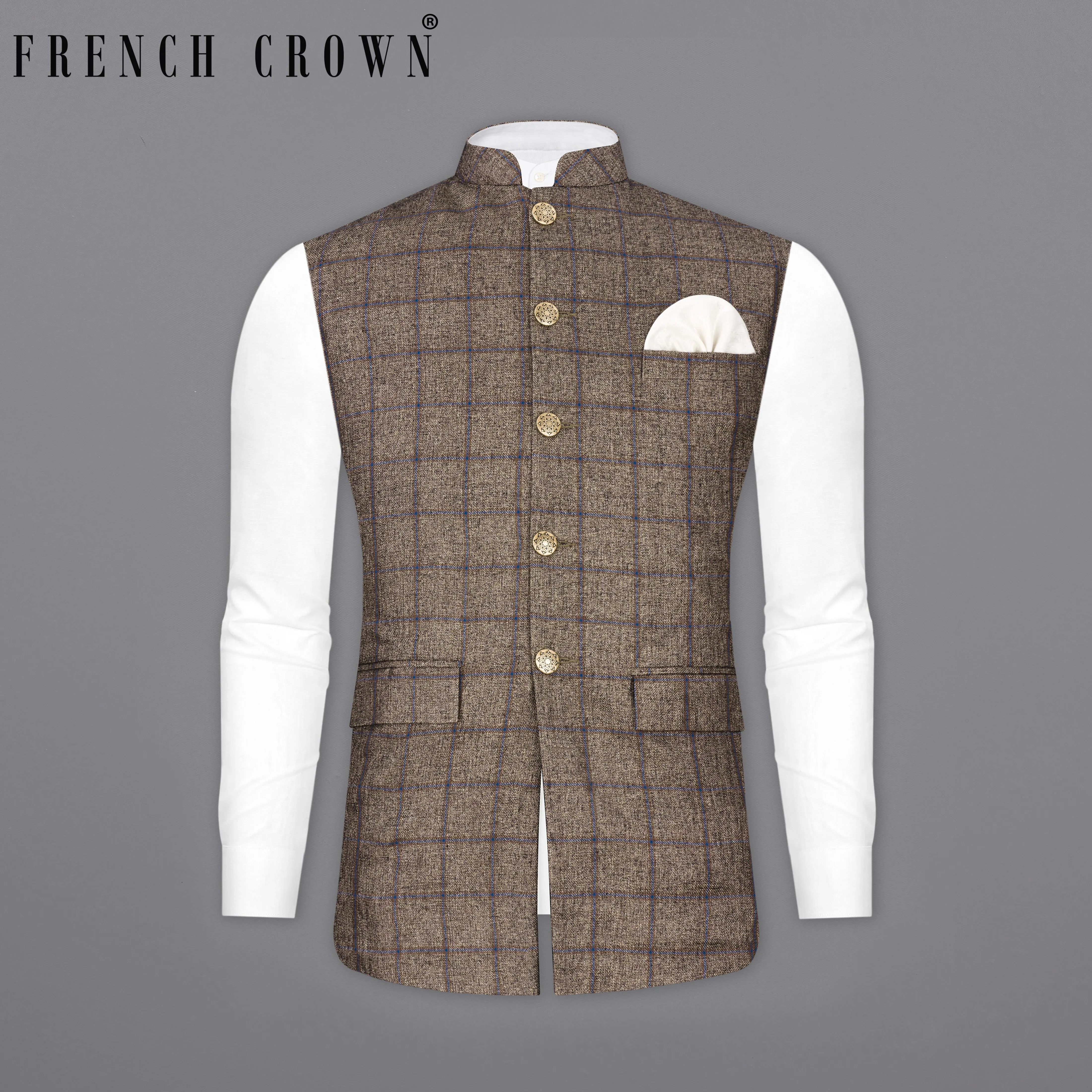 Pine Cone Brown Plaid Nehru Jacket sold by French Crown