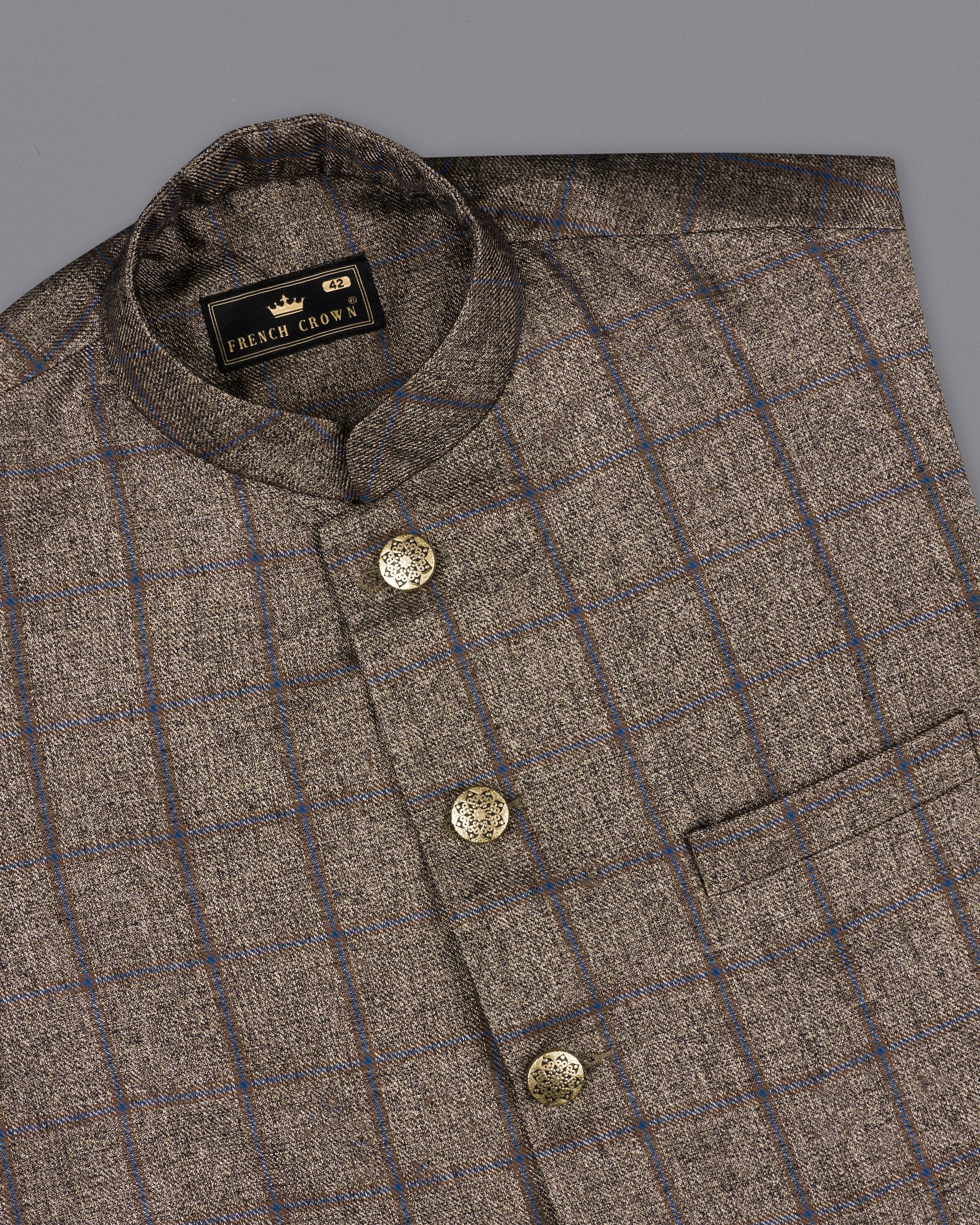 Pine Cone Brown Plaid Nehru Jacket sold by French Crown product image thumbnail 4