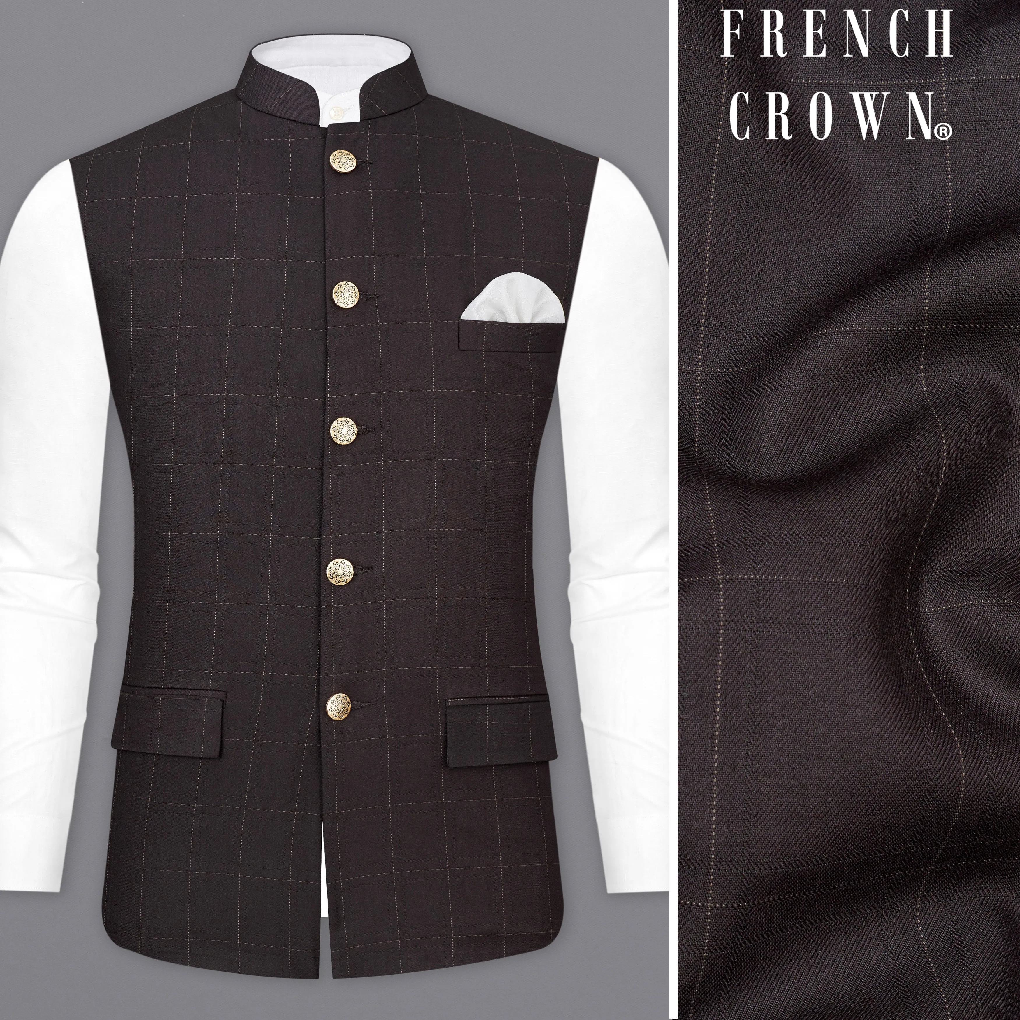 Piano Brown Windowpane Nehru Jacket sold by French Crown