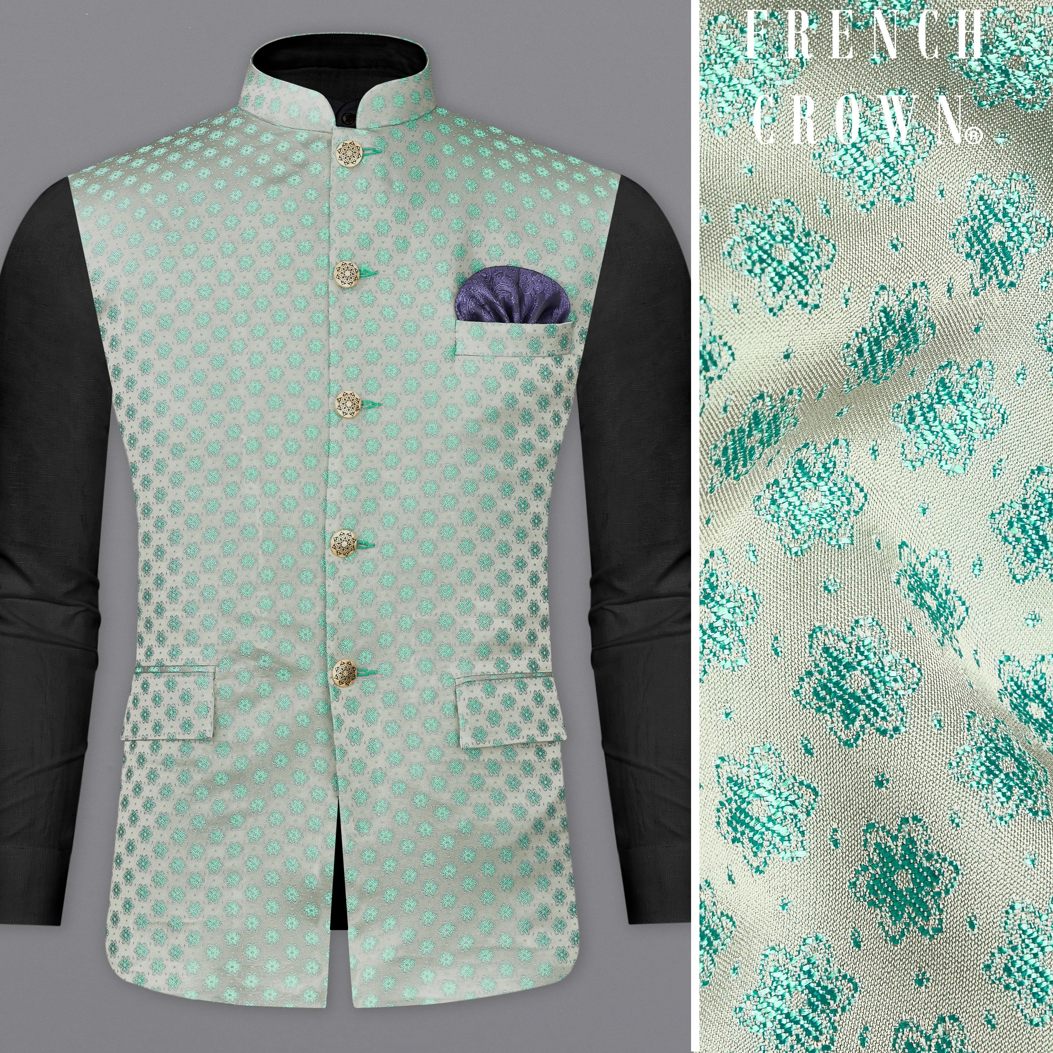 Persian with Celeste Green Textured Nehru Jacket sold by French Crown