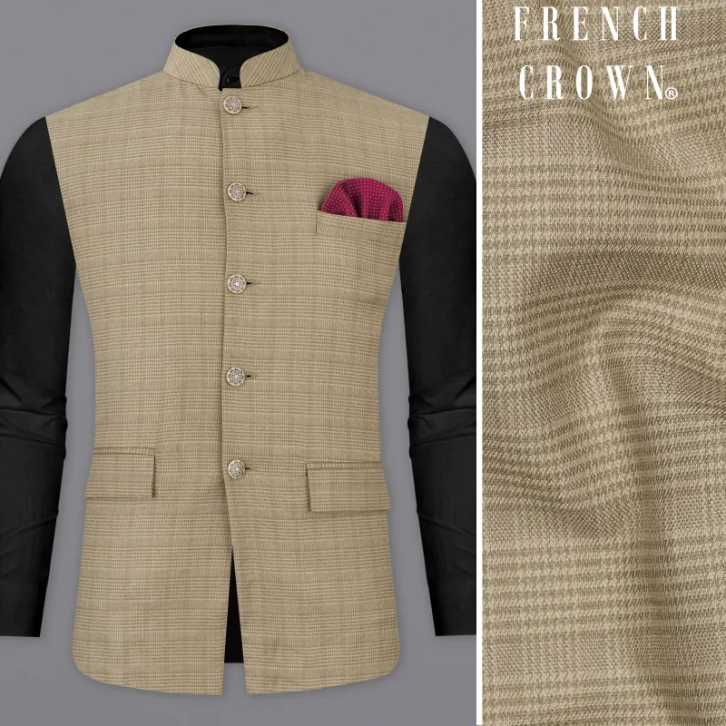 Pale Taupe Brown Plaid Wool Rich Nehru Jacket sold by French Crown