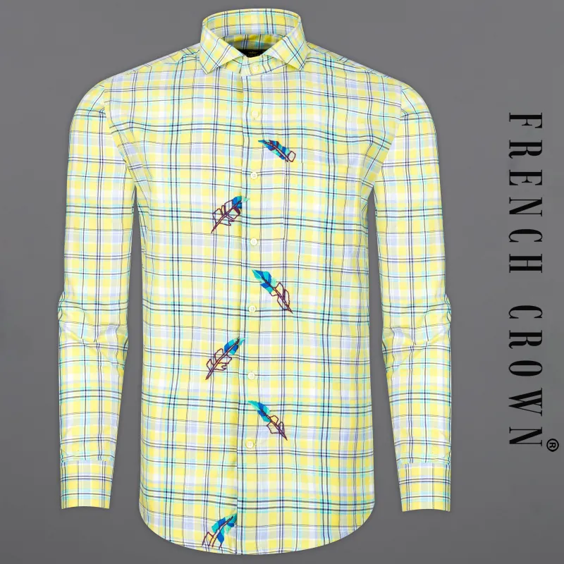 Manilla Yellow Checked with Leaves Embroidered Twill Premium Cotton Designer Shirt sold by French Crown