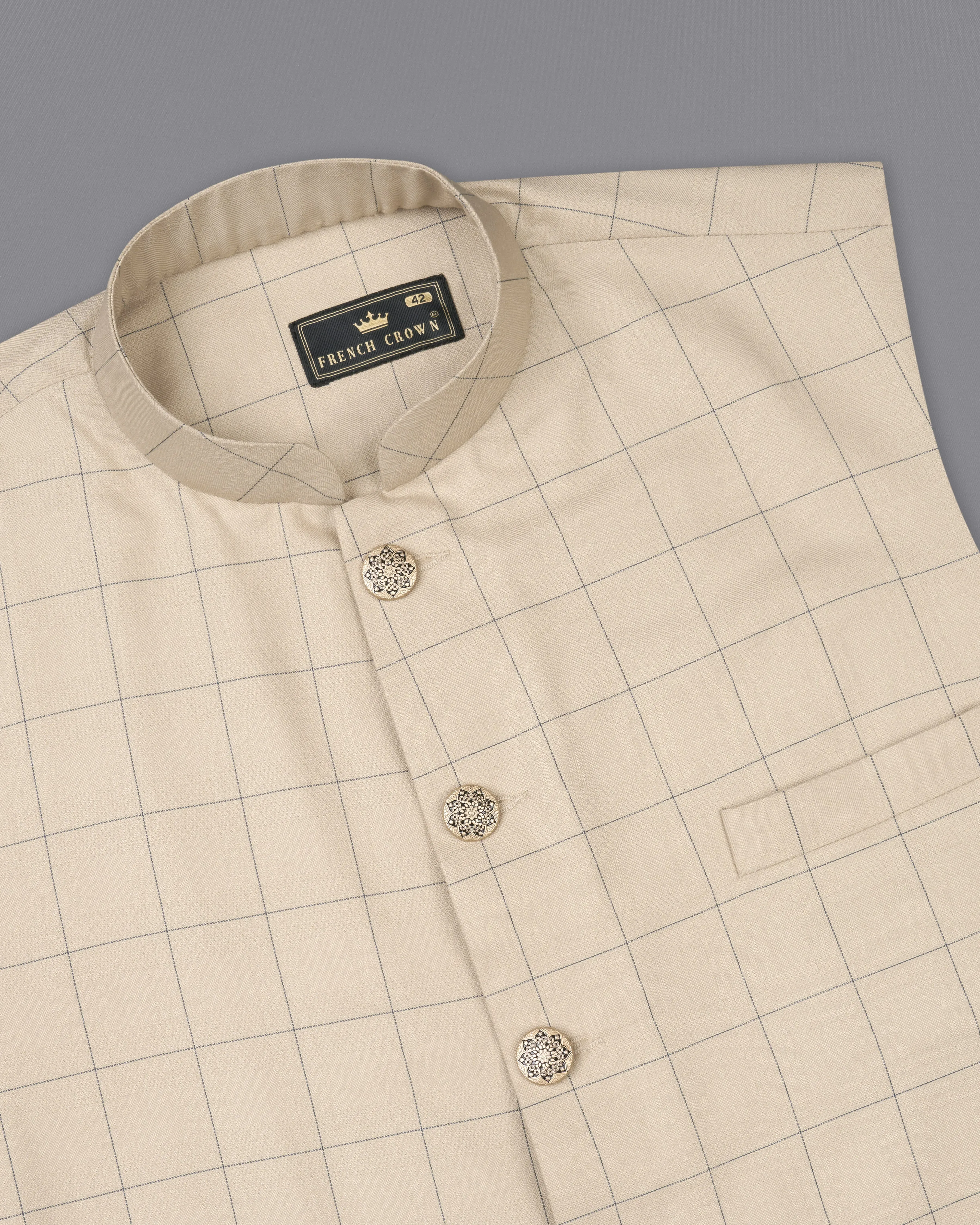 Hampton Cream Windowpane Designer Nehru Jacket sold by French Crown product image thumbnail 4