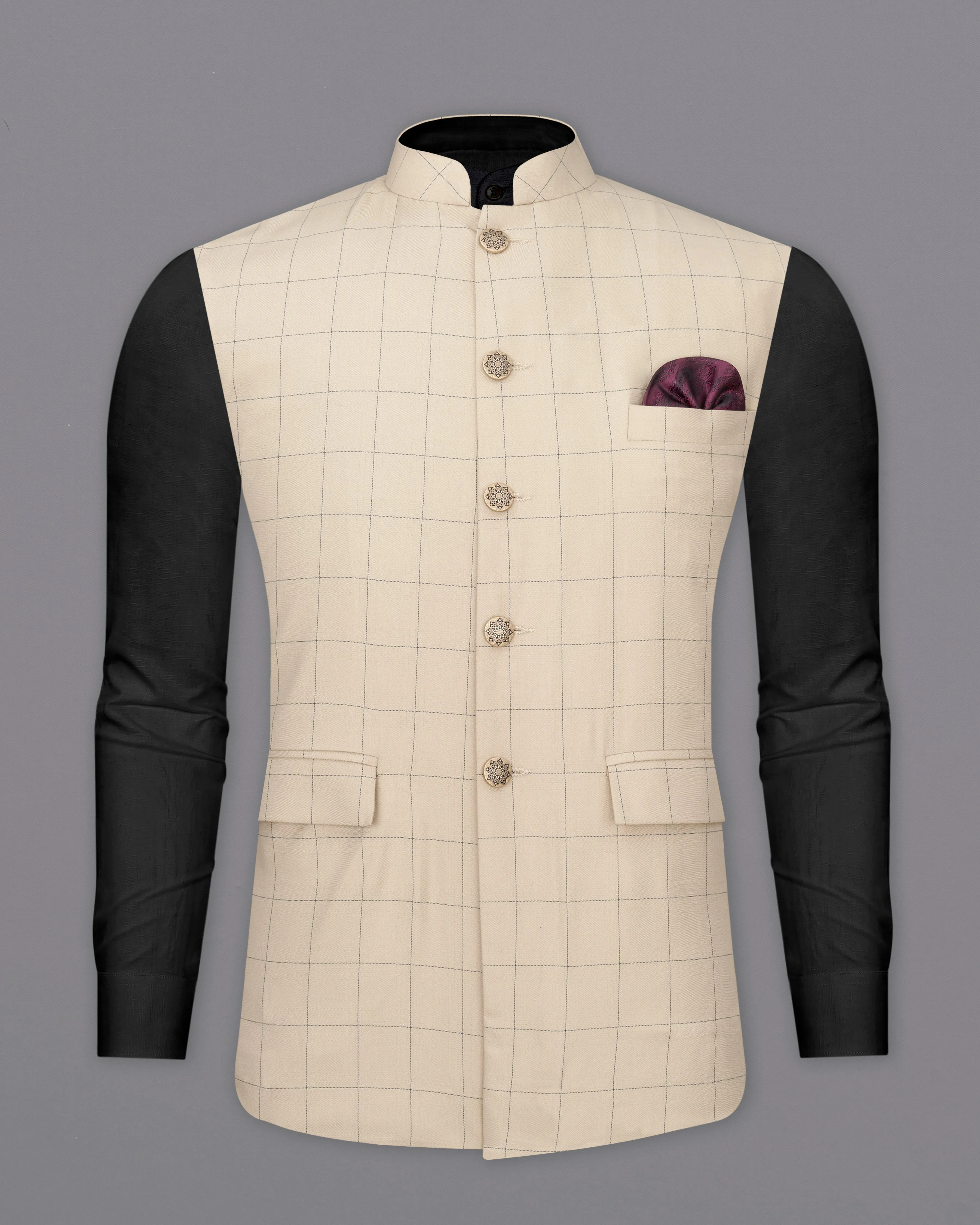 Hampton Cream Windowpane Designer Nehru Jacket sold by French Crown product image thumbnail 2