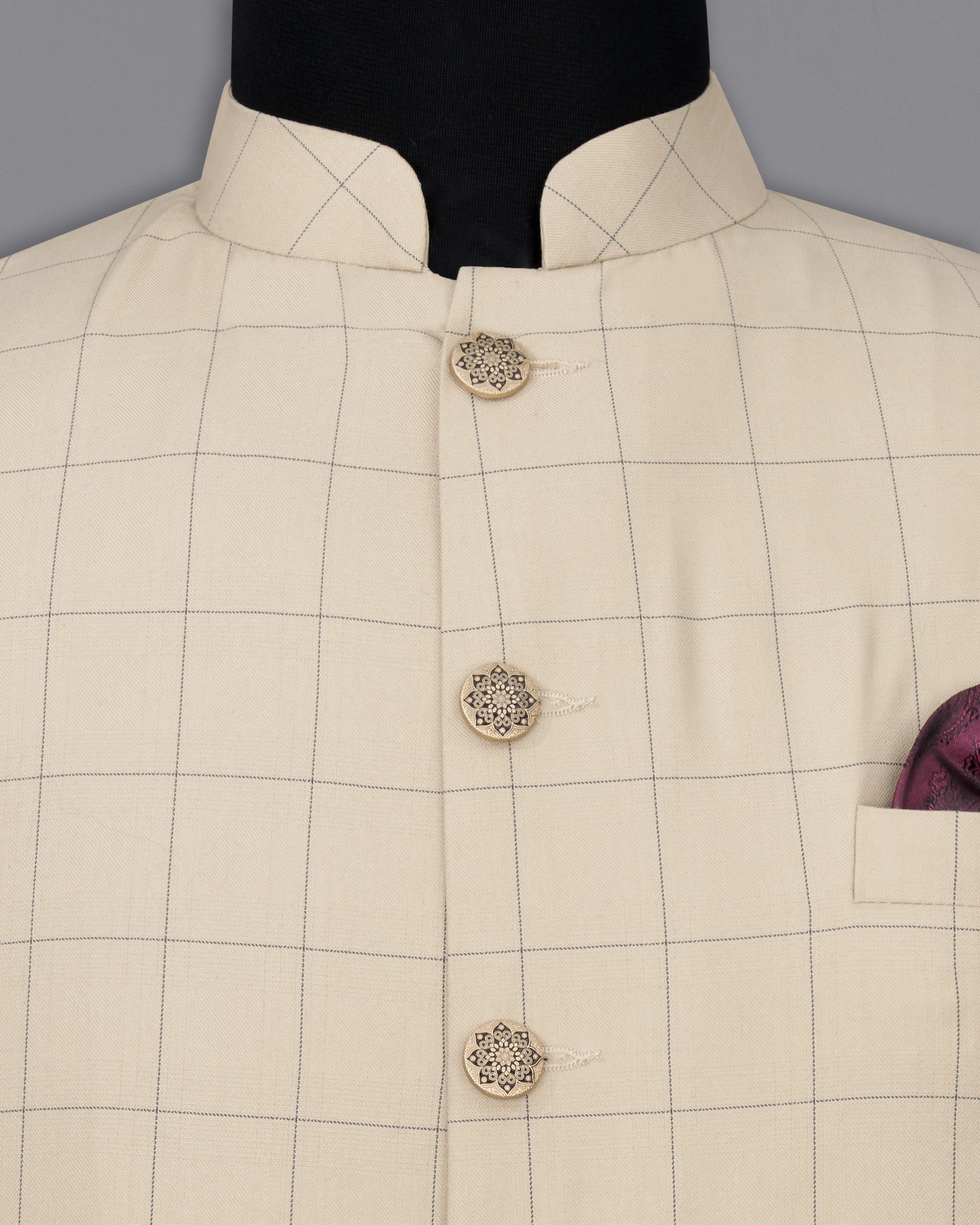 Hampton Cream Windowpane Designer Nehru Jacket sold by French Crown product image thumbnail 5