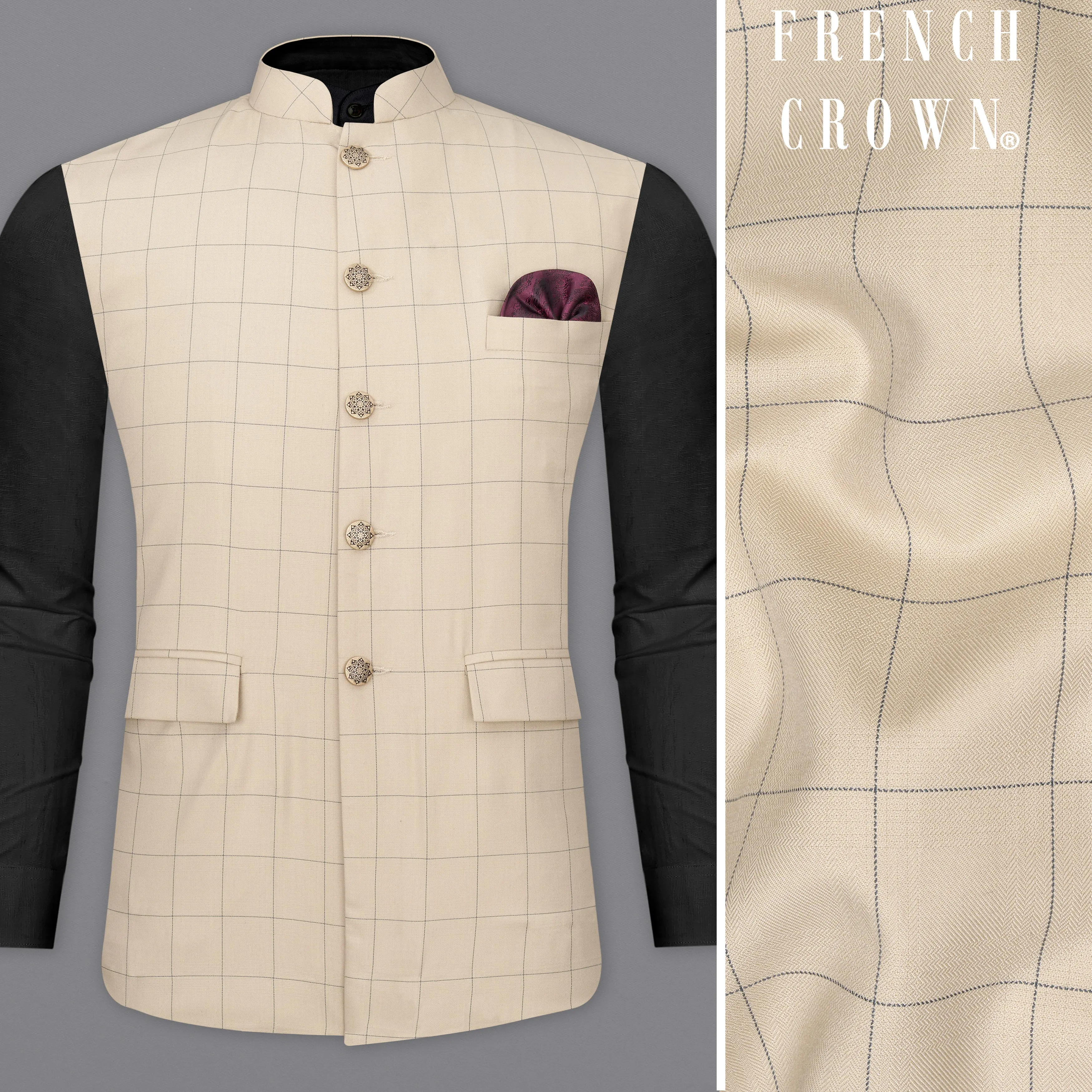 Hampton Cream Windowpane Designer Nehru Jacket sold by French Crown