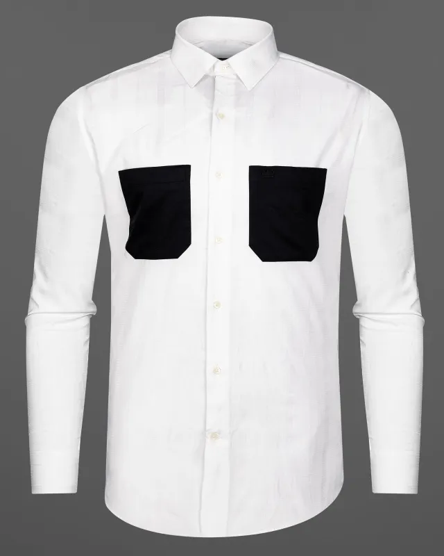 Bright White with Black Patch Pockets Dobby Textured Premium Giza Cotton Designer Shirt sold by French Crown
