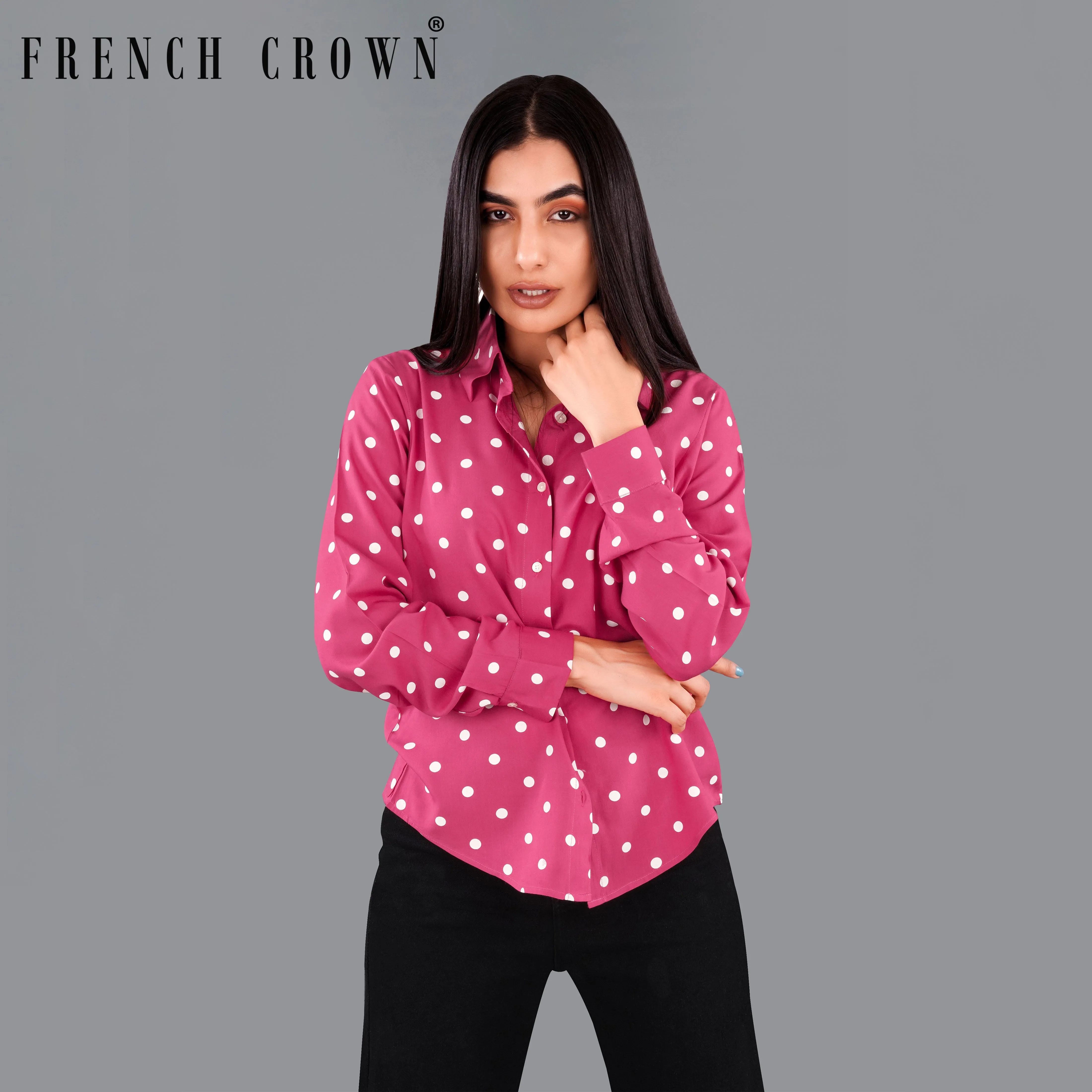 Rhino Pink Polka Dots Premium Tencel Shirt sold by French Crown