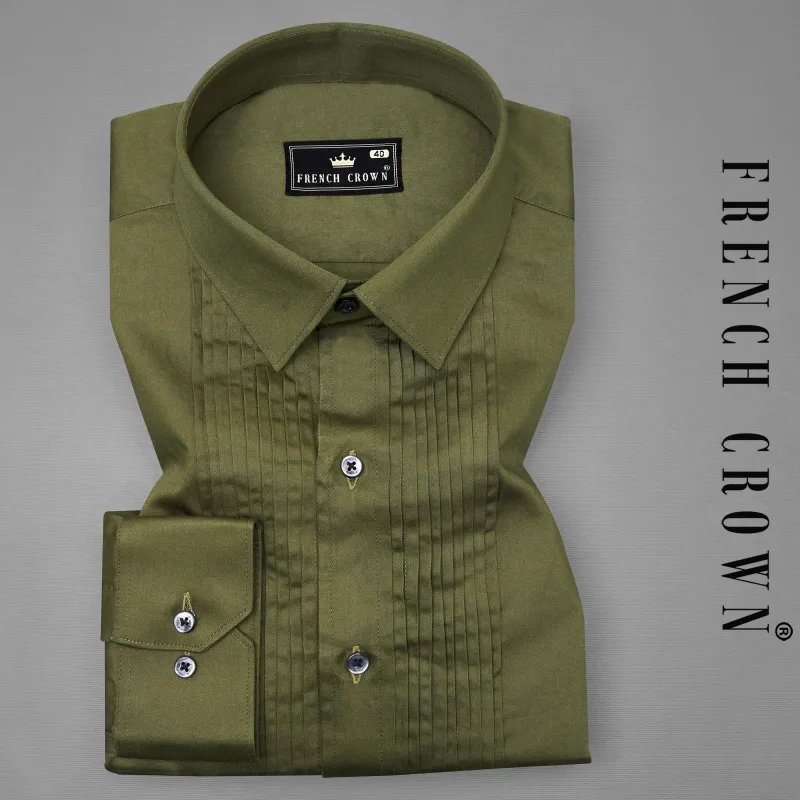 Fuscous Green Subtle Sheen Snake Pleated Super Soft Premium Cotton Tuxedo Shirt sold by French Crown