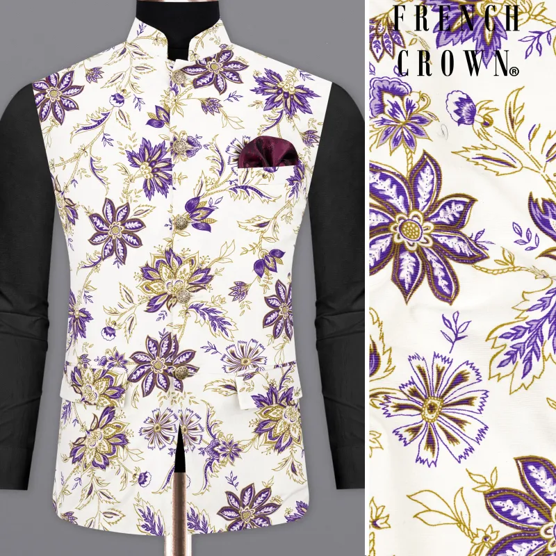 Desert Storm Cream with Eminence Blue Leaves Printed Premium Cotton Nehru Jacket sold by French Crown