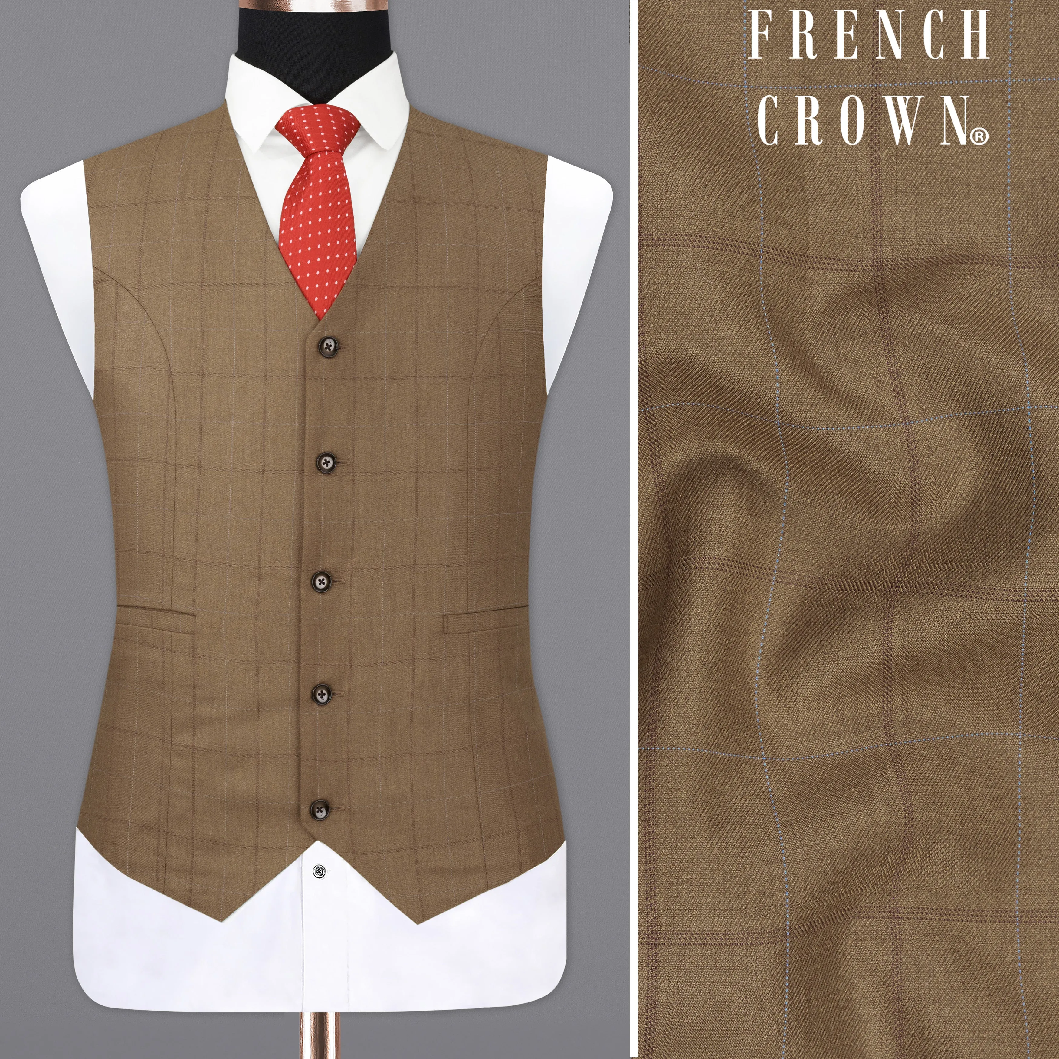 Dark Taupe Brown Windowpane Waistcoat sold by French Crown