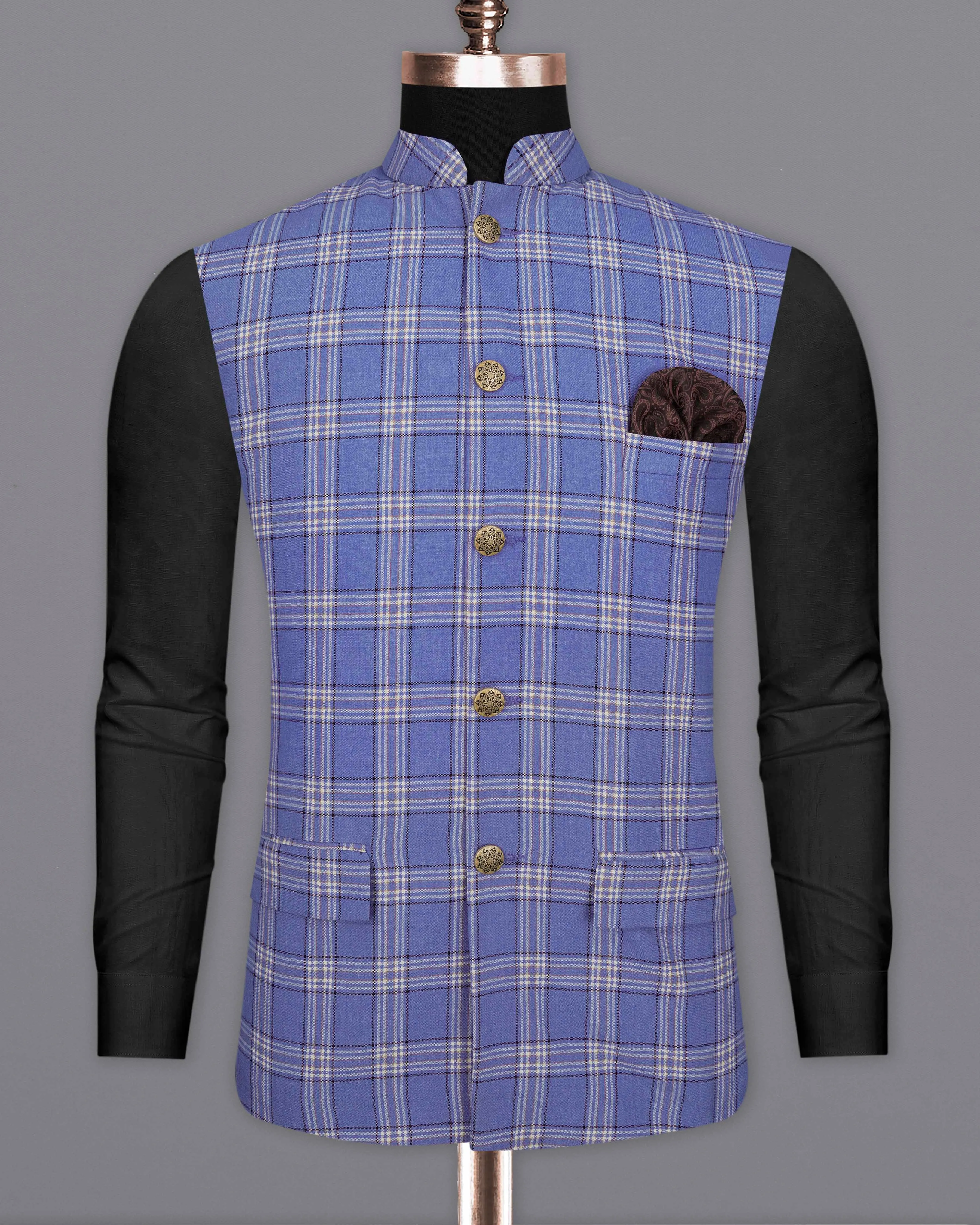 Scampi Blue with Heather Gray Plaid Bandhgala Nehru Jacket sold by French Crown product image thumbnail 2
