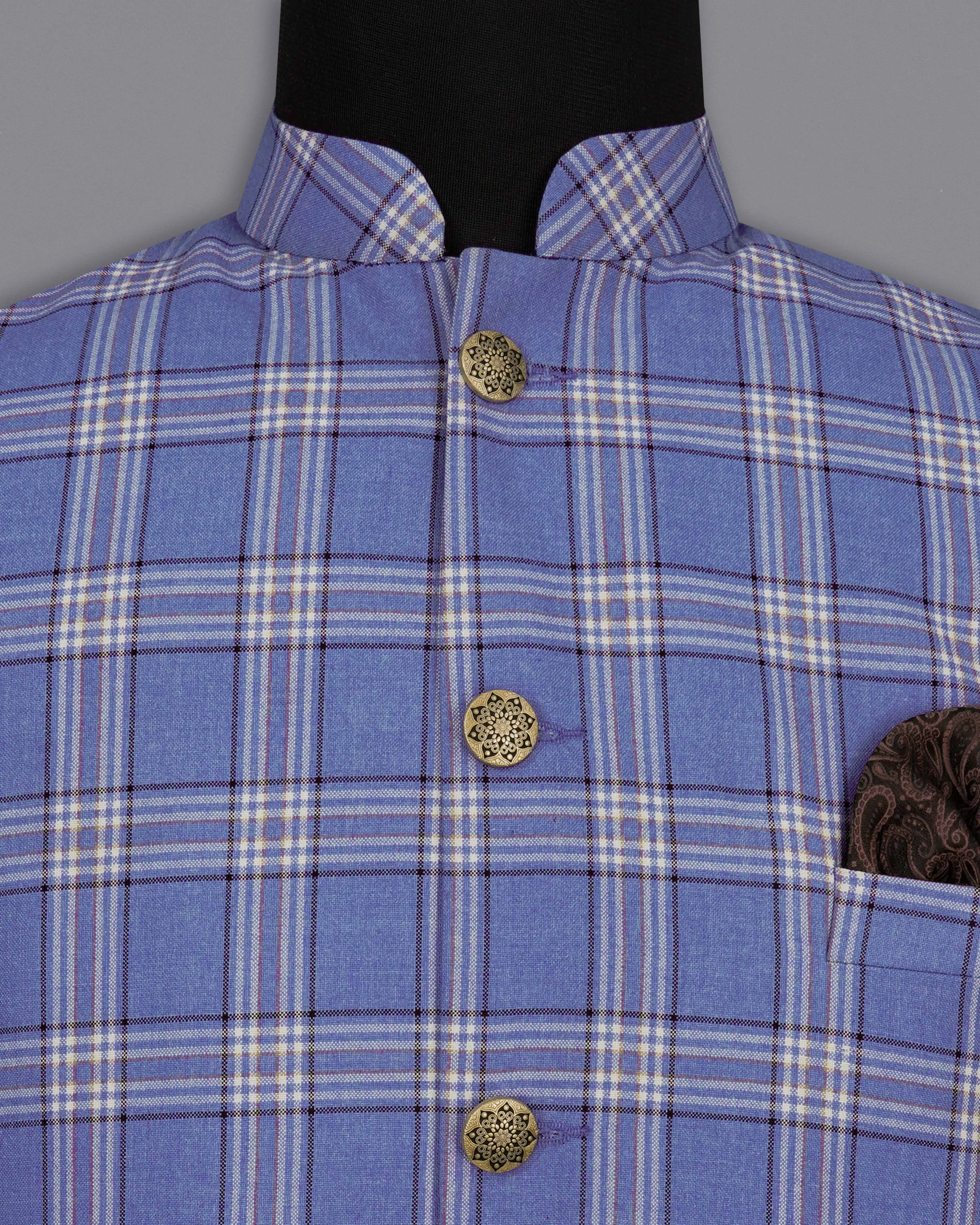 Scampi Blue with Heather Gray Plaid Bandhgala Nehru Jacket sold by French Crown product image thumbnail 4