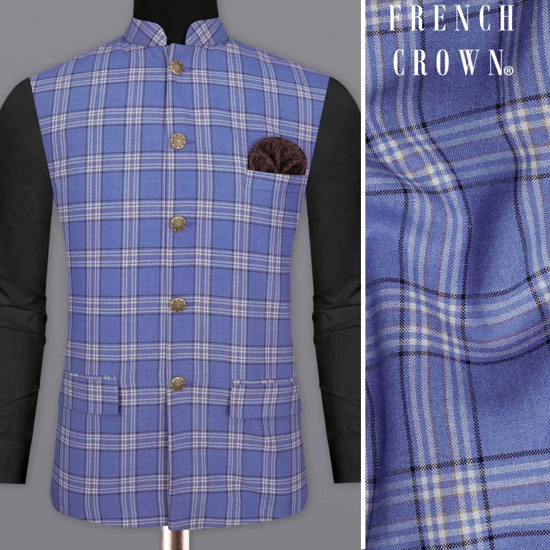 Scampi Blue with Heather Gray Plaid Bandhgala Nehru Jacket sold by French Crown