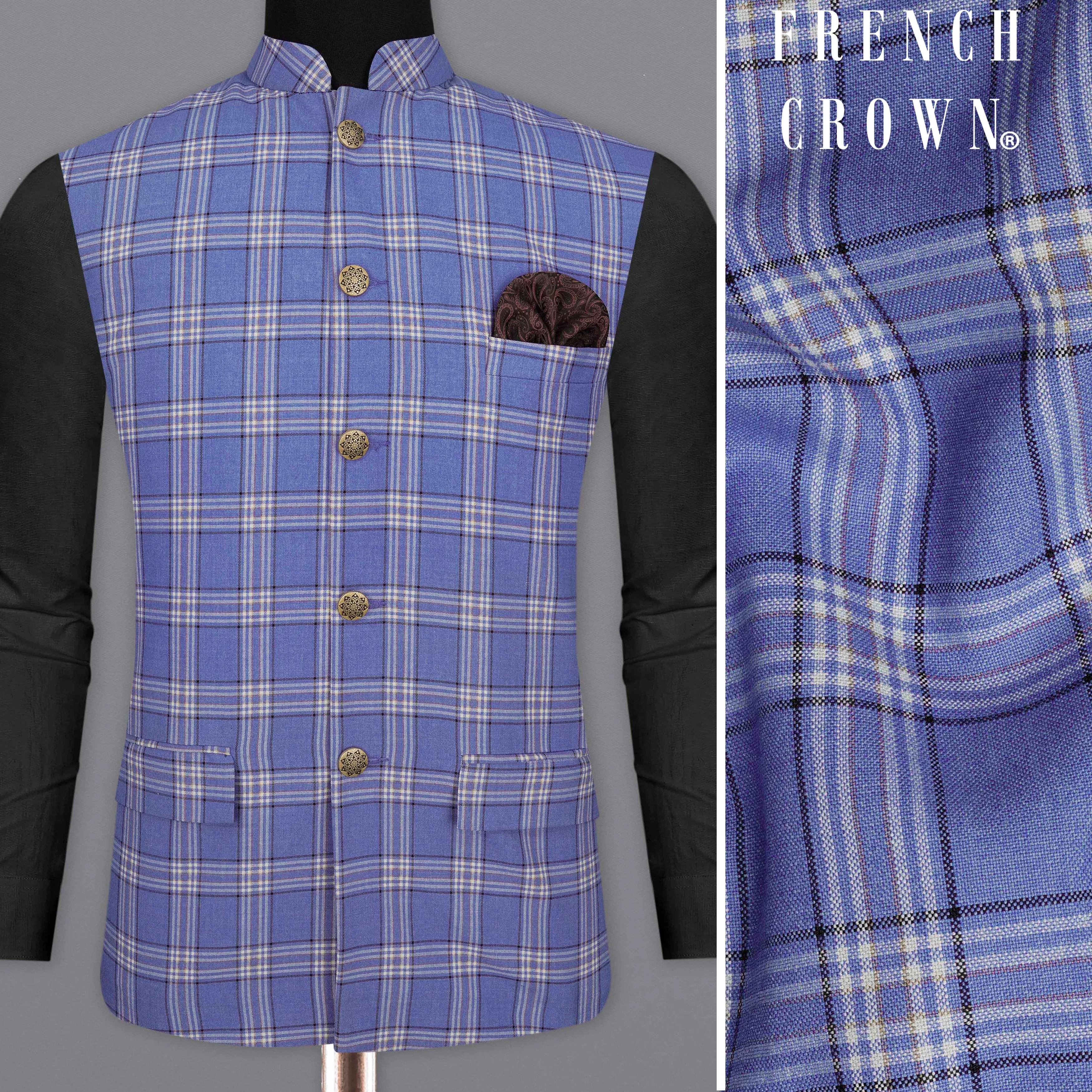 Scampi Blue with Heather Gray Plaid Bandhgala Nehru Jacket sold by French Crown
