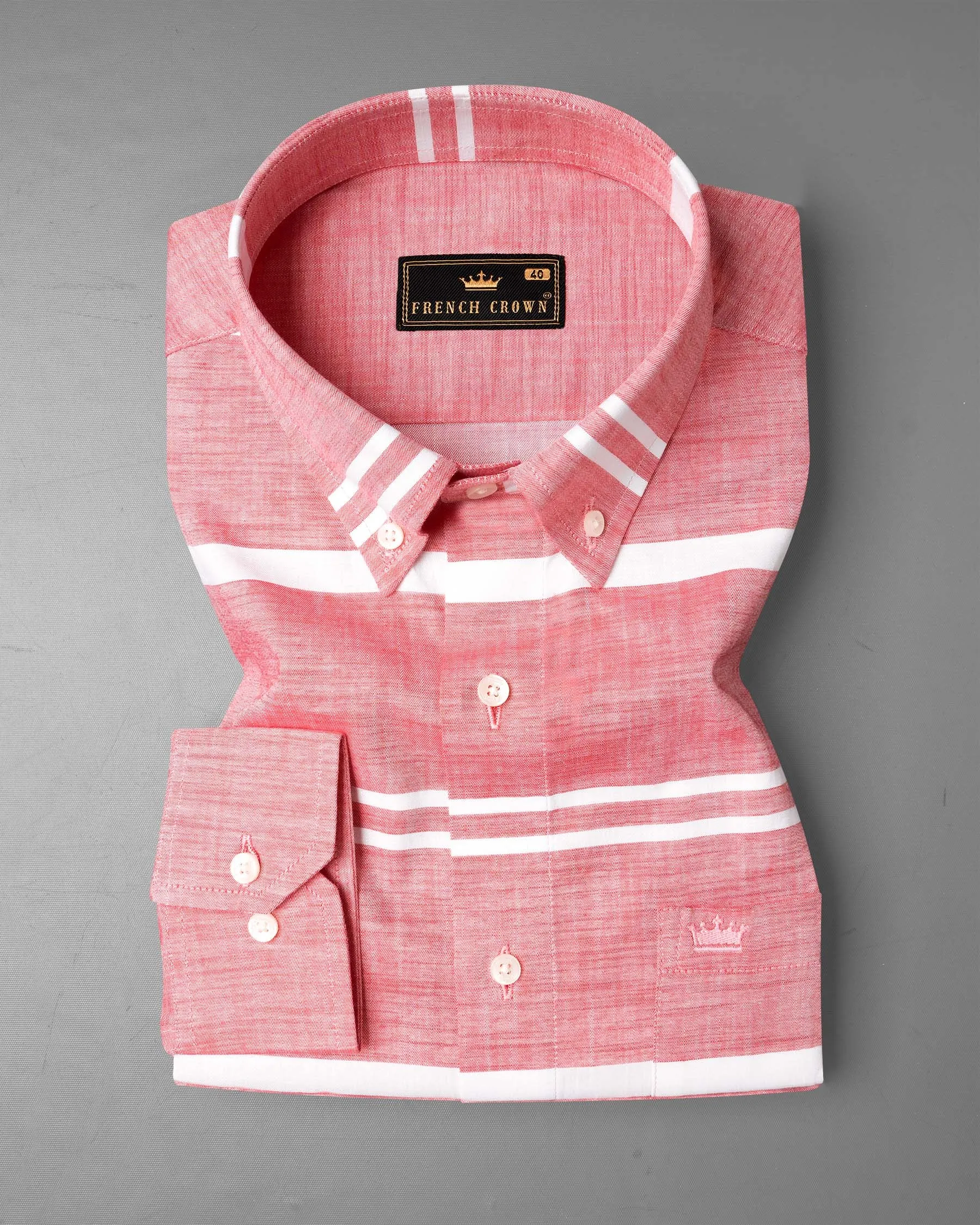 Salmon Pink and white Striped Chambray Shirt sold by French Crown product image thumbnail 5